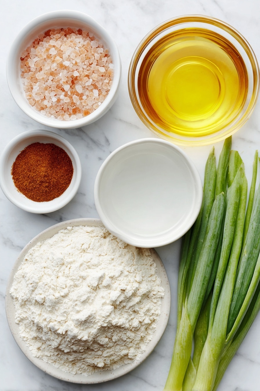 Flat lay of a small mound of all-purpose flour on a simple white ceramic plate, a tiny white ceramic bowl filled with coarse Himalayan pink salt, a small white ceramic bowl holding clear boiling water, another small white ceramic bowl with cold water, a small white ceramic bowl with golden vegetable oil, a small white ceramic bowl containing deep amber sesame oil, a neat bundle of fresh bright green scallion greens, and a small white ceramic bowl with reddish-brown Chinese five spice powder, all arranged in perfect symmetry, placed on a clean white marble surface, soft natural light, photo taken with an iPhone, professional food photography style, fresh ingredients, white ceramic bowls, no bottles, no duplicates, no utensils, no packaging --ar 2:3 --v 7 --p m7354615311229779997 - Chinese Scallion Pancakes, scallion pancake recipe, Chinese street food snacks, crispy scallion pancakes, easy Chinese pancakes