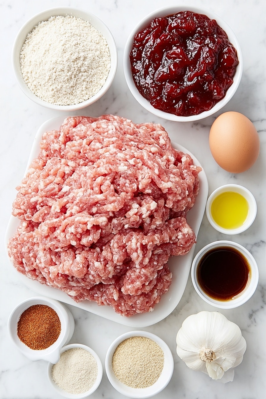 Flat lay of a portion of fresh ground turkey arranged in a neat mound, a single whole brown egg with a clean shell, a small white ceramic bowl filled with finely ground almond flour, a small white bowl with vibrant red homemade cranberry sauce, a small white bowl of thick dark reddish-brown BBQ sauce, two whole cloves of fresh garlic, a small white bowl of golden olive oil, a small white bowl containing a fine rust-colored paprika powder, a small white bowl of light beige ground mustard powder, a small white bowl with pale off-white onion powder, and a small white bowl of deep brown Worcestershire sauce, all arranged in perfect symmetry on a clean white marble surface, soft natural light, photo taken with an iPhone, professional food photography style, fresh ingredients, white ceramic bowls, no bottles, no duplicates, no utensils, no packaging --ar 2:3 --v 7 --p m7354615311229779997 - Cranberry BBQ Turkey Meatballs, turkey meatball recipe, cranberry barbecue sauce, easy appetizer ideas, flavorful meatball recipes