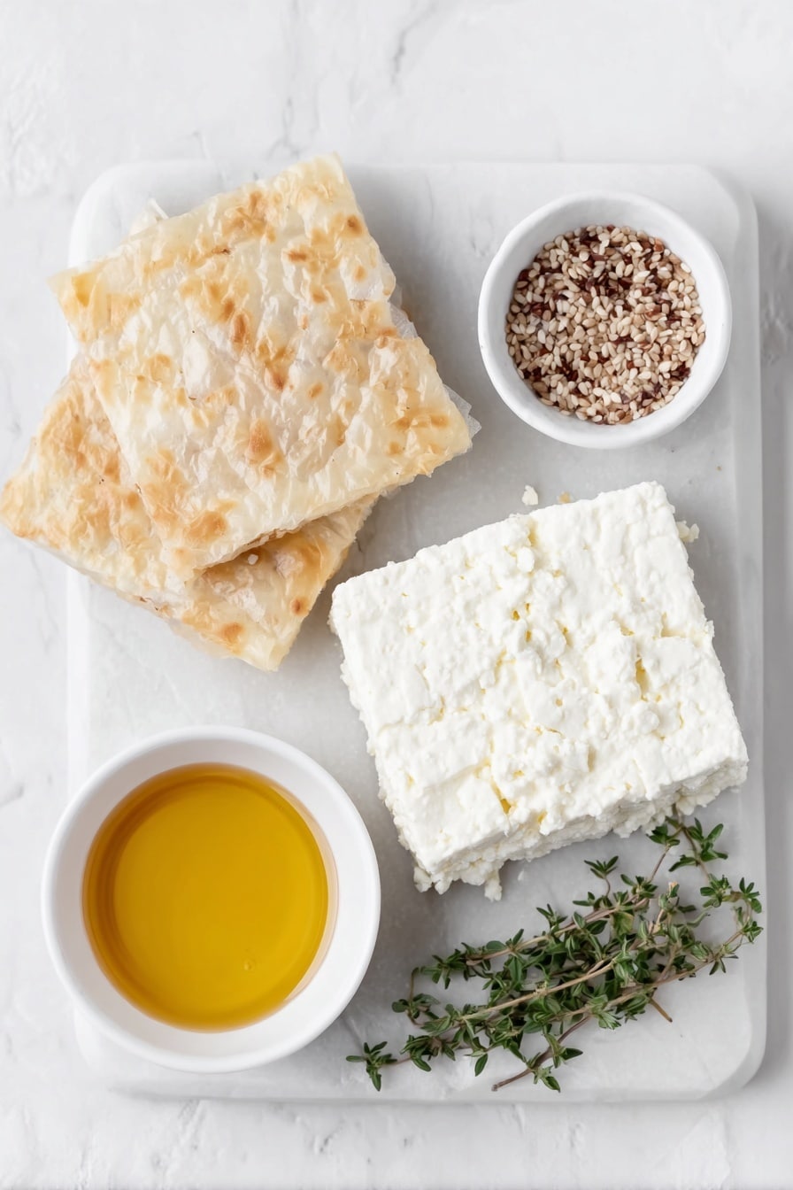 Flat lay of two blocks of crumbly white feta cheese, two delicate sheets of thin phyllo dough, a small white bowl filled with golden honey, a small white bowl with toasted sesame seeds, a few fresh thyme sprigs scattered elegantly, all arranged with perfect symmetry on a clean white marble surface, soft natural light, photo taken with an iPhone, professional food photography style, fresh ingredients, white ceramic bowls, no bottles, no duplicates, no utensils, no packaging --ar 2:3 --v 7 --p m7354615311229779997 - Baked Feta in Crispy Phyllo with Honey, crispy feta appetizer, savory honey feta bites, easy baked feta dish, Greek-inspired feta appetizer