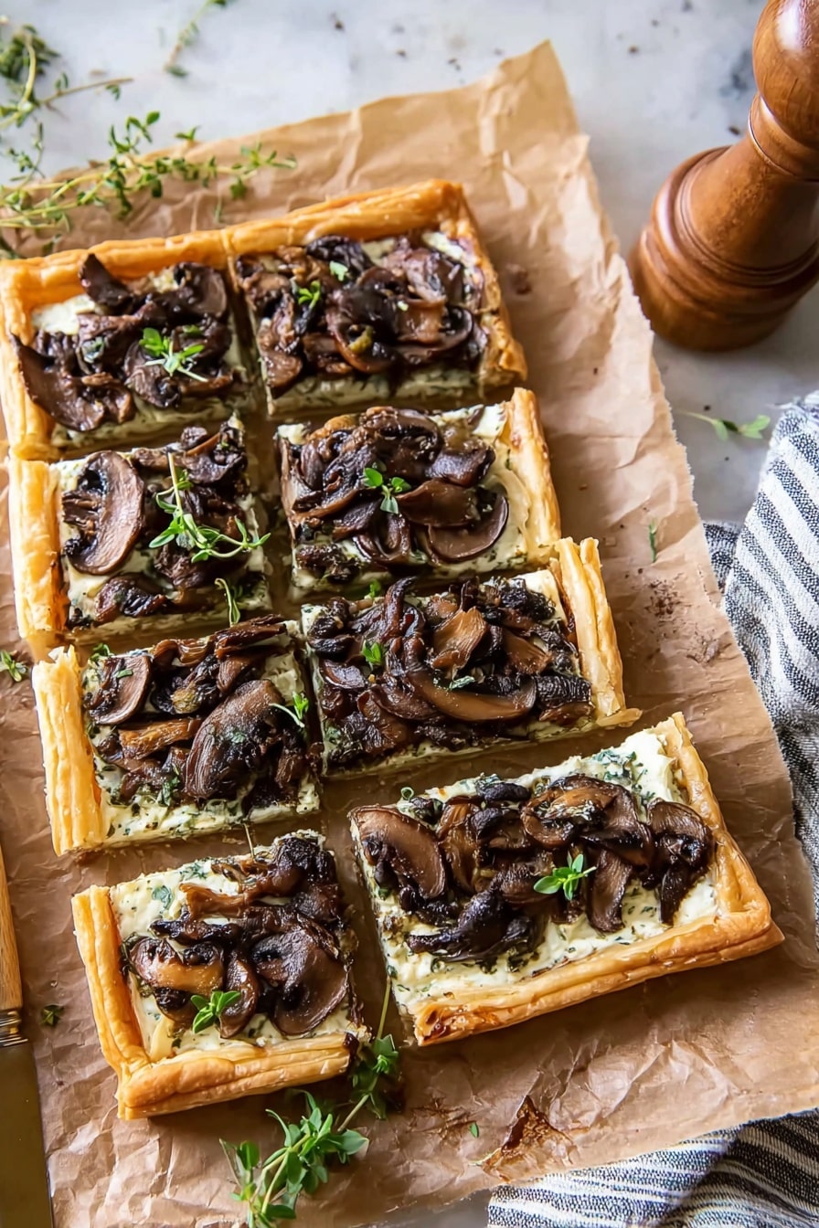 The image shows a rectangular tart placed on brown baking paper over a white marbled surface. The tart is divided into seven pieces with a golden brown, flaky crust that frames the filling. The first layer inside the crust is creamy and white, likely a cheese spread, topped with a thick layer of cooked mushrooms that are dark brown and slightly glossy. Small fresh green herb sprigs are scattered on and around the tart, adding a touch of color. A striped cloth is visible on the right side, and a wooden pepper grinder is positioned near the bottom right. The lighting is soft and natural, highlighting the textures of the tart and mushrooms. photo taken with an iphone --ar 2:3 --v 7 - Mushroom and Goat Cheese Puff Pastry Tart, mushroom goat cheese tart, easy mushroom tart, puff pastry tart recipes, vegetarian appetizer recipes