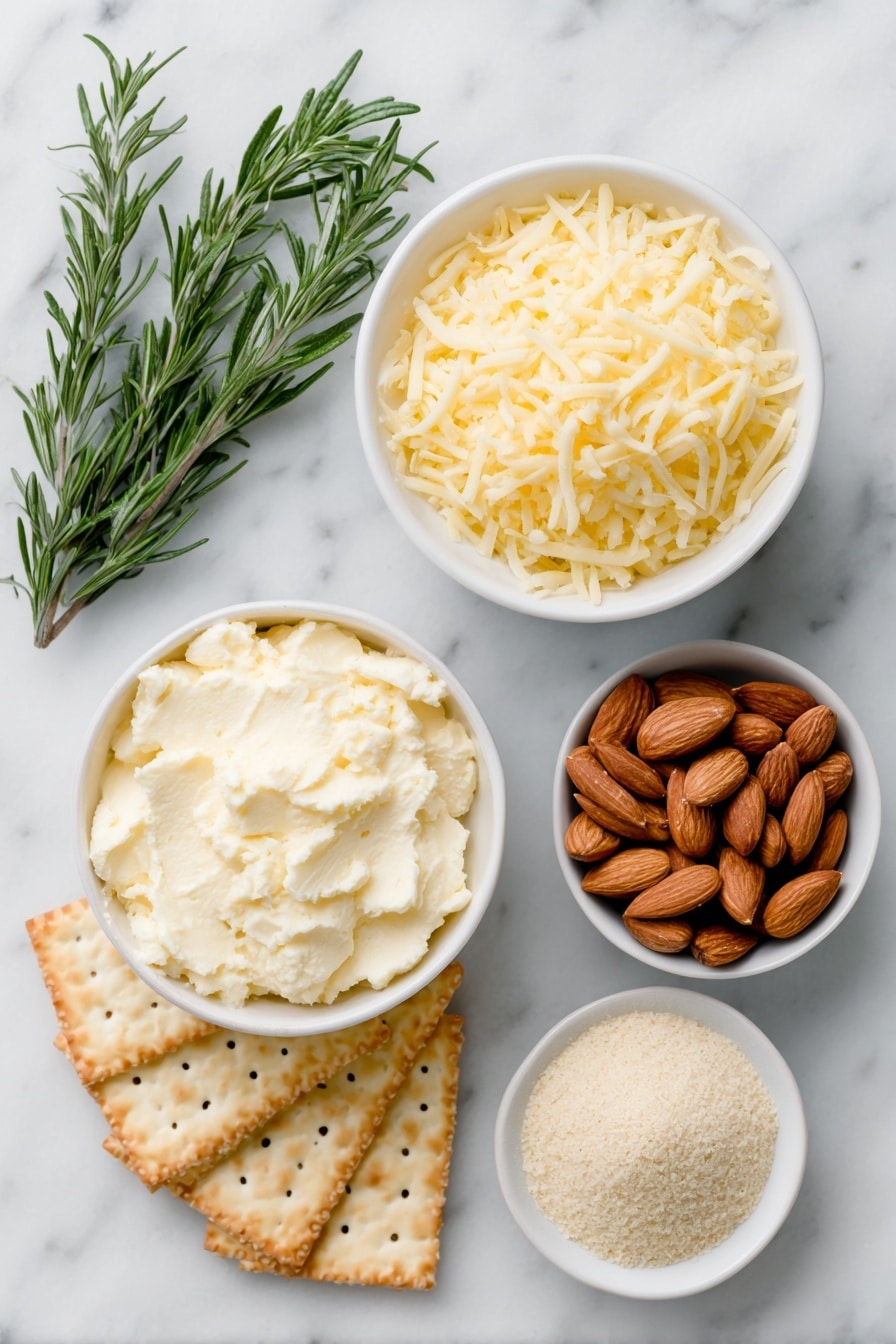 Flat lay of two small white ceramic bowls, one filled with smooth, creamy Neufchatel cheese, the other with finely shredded Gruyere cheese; a simple white ceramic bowl holding a pale golden powder of dry onion soup mix; a neat pile of whole toasted almonds and a separate small white bowl with delicate sliced toasted almonds; six fresh rosemary sprigs with vibrant green needles arranged elegantly; and a stack of golden wheat thin crackers fanned out on a plain white ceramic plate, all placed on a clean white marble surface, soft natural light, photo taken with an iPhone, professional food photography style, fresh ingredients, white ceramic bowls, no bottles, no duplicates, no utensils, no packaging --ar 2:3 --v 7 --p m7354615311229779997 - Pinecone Cheese Ball, festive cheese ball, holiday appetizer, cheese ball with herbs, easy cheese ball recipe