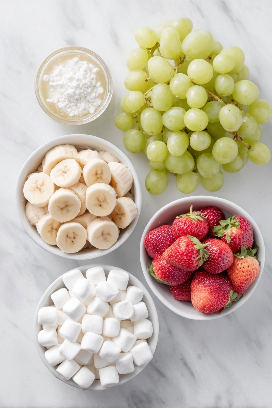 Flat lay of fresh green grapes, a large ripe banana sliced into thick rounds resting in a small white ceramic bowl with a bit of fruit juice, plump red strawberries with hull ends removed, and a small white ceramic bowl filled with white miniature marshmallows, all arranged with perfect symmetry and realistic proportions on a clean white marble surface, soft natural light, photo taken with an iPhone, professional food photography style, fresh ingredients, white ceramic bowls, no bottles, no duplicates, no utensils, no packaging --ar 2:3 --v 7 --p m7354615311229779997 - Grinch Fruit Kabobs, festive fruit skewers, holiday kids snacks, easy healthy party food, colorful holiday treats