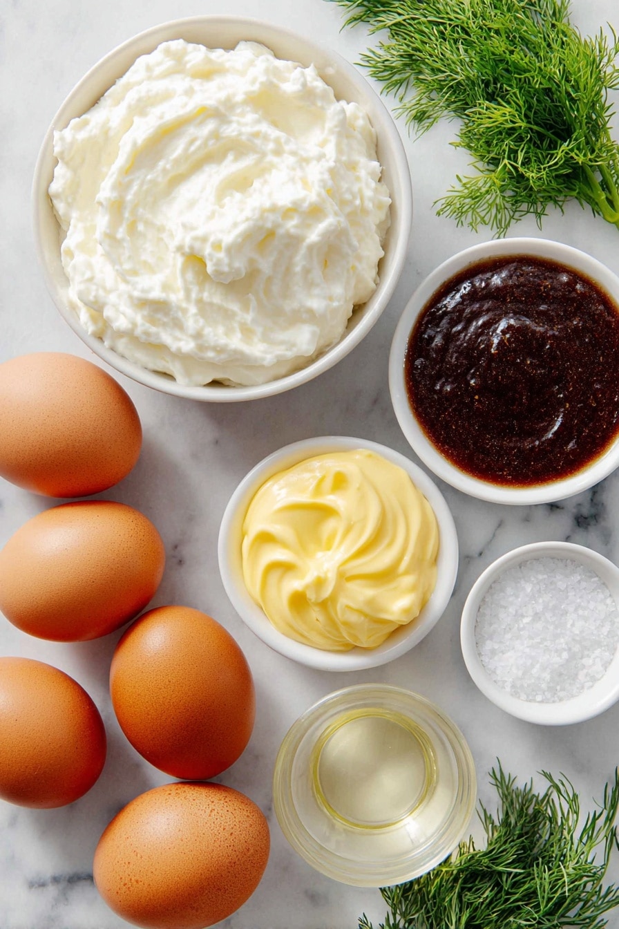 Flat lay of six whole uncracked large brown eggs, a small white ceramic bowl filled with creamy white mayonnaise, a small white bowl containing clear pale amber apple cider vinegar, a small white bowl with smooth golden Dijon mustard, a small white bowl holding a thick dark brown Worcestershire sauce, a small white bowl of fine white salt, and a few fresh green dill sprigs neatly arranged, all placed on a clean white marble surface, soft natural light, photo taken with an iPhone, professional food photography style, fresh ingredients, white ceramic bowls, no bottles, no duplicates, no utensils, no packaging --ar 2:3 --v 7 --p m7354615311229779997 - Creamy Deviled Eggs, Deviled Eggs Recipe, Easy Deviled Eggs, Classic Deviled Eggs, Refreshing Egg Appetizers