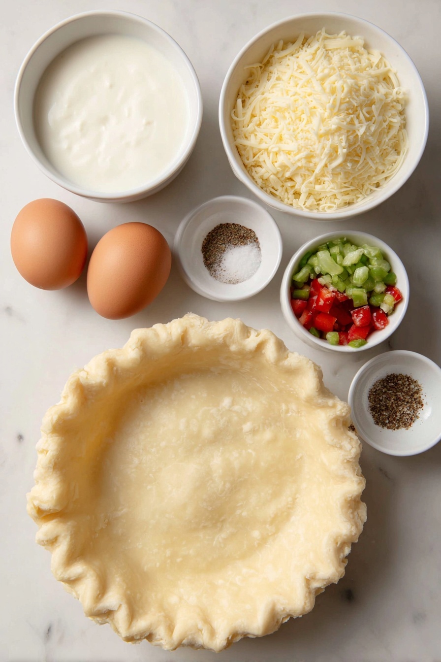 Flat lay of two unbaked flaky pie crust rounds, four whole brown eggs with smooth shells, a small white bowl of whole milk, a small white bowl of heavy cream, a small white bowl of mixed salt and black pepper, a small white bowl of mixed fresh diced vegetables and herbs as add-ins, a small white bowl of shredded cheese, all arranged in perfect symmetry on a clean white marble surface, soft natural light, photo taken with an iPhone, professional food photography style, fresh ingredients, white ceramic bowls, no bottles, no duplicates, no utensils, no packaging --ar 2:3 --v 7 --p m7354615311229779997 - Mini Quiche Bites Flaky Pie Crust, mini quiche recipes, savory snack ideas, brunch finger foods, easy appetizer recipes