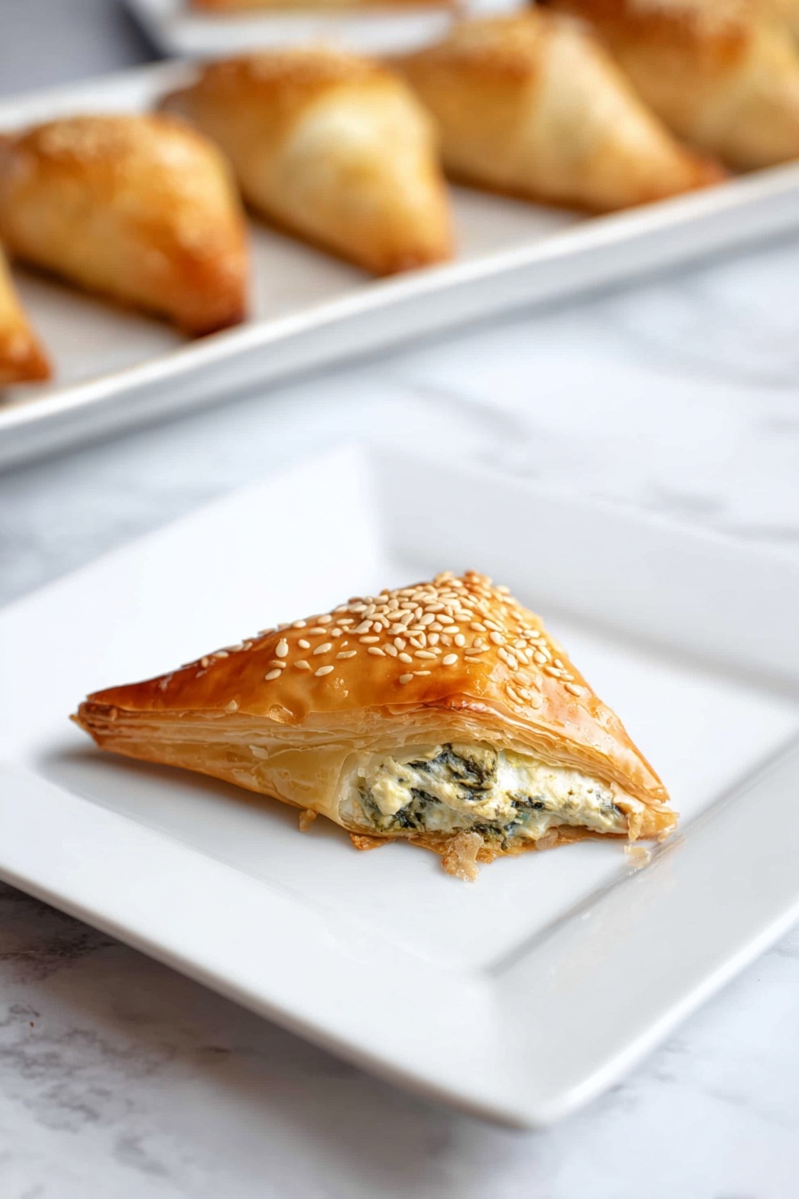 A golden-brown triangular pastry with a shiny, slightly crisp top sprinkled with sesame seeds sits centered on a white square plate. The pastry is filled with a creamy white layer mixed with small pieces of green leafy vegetables, visible from a bite taken at one corner, showing soft, flaky layers inside. The plate rests on a white marbled surface, and in the blurred background, more similar pastries are arranged in a row on a white rectangular dish. Photo taken with an iphone --ar 2:3 --v 7 - Easy Spinach Spanakopita Triangles, Greek savory snacks, flaky phyllo pastry recipes, spinach and cheese appetizers, bite-sized Greek treats