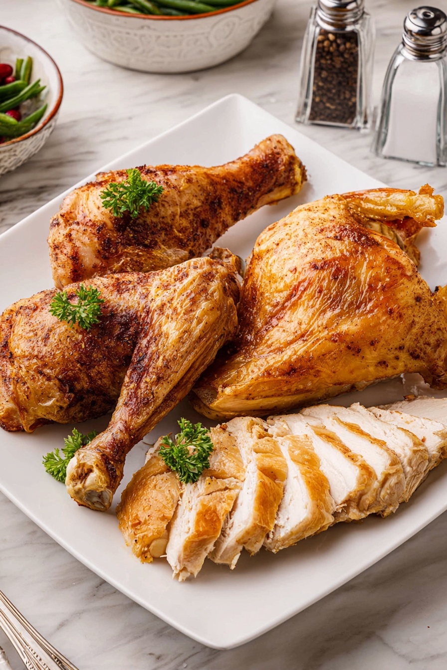 A white square plate holds four main layers of cooked chicken pieces arranged closely together. The first layer is sliced golden-brown chicken breast with a slightly crispy skin, showing juicy white meat inside, placed at the bottom right of the plate. On top and to the left, there are two browned chicken legs with textured, seasoned skin and attached bone, garnished with a few green parsley leaves. Behind these, at the top right, sits another golden roasted chicken leg piece with crispy, slightly oily skin. The whole plate rests on a white marbled surface with nearby salt and pepper shakers and a bowl of green beans partially visible in the background, photo taken with an iphone --ar 2:3 --v 7 - Oven Roasted Turkey with Gravy, Thanksgiving turkey recipe, Juicy roasted turkey, Easy turkey with gravy, Holiday centerpiece recipes