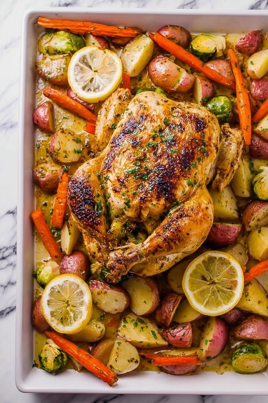 The image shows a whole roasted chicken with a golden brown, slightly charred skin, positioned in the center of a white rectangular baking tray. Surrounding the chicken are halved red potatoes with a roasted, slightly crispy texture, short whole orange carrots, and halved Brussels sprouts with browned edges. Two lemon slices with visible seeds are placed near the top right and bottom center of the tray, adding a fresh yellow contrast. The dish is sprinkled with finely chopped green herbs. The background is a white marbled surface. Photo taken with an iphone --ar 2:3 --v 7 - Juicy Spatchcock Chicken with Roasted Vegetables, spatchcock chicken recipe, roasted chicken dinner, easy chicken recipes, healthy roasted chicken