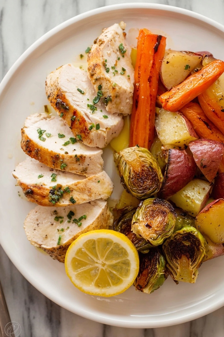A white plate holds a meal with three slices of cooked chicken with a light brown grilled top and white inside, garnished with small green herb bits; next to the chicken are roasted vegetables including orange carrot pieces, halved roasted brussels sprouts with browned edges, and reddish-brown roasted potato chunks showing a crispy texture; a round lemon slice with yellow pulp and rind sits near the chicken; the plate rests on a white marbled surface. Photo taken with an iphone --ar 2:3 --v 7 - Juicy Spatchcock Chicken with Roasted Vegetables, spatchcock chicken recipe, roasted chicken dinner, easy chicken recipes, healthy roasted chicken