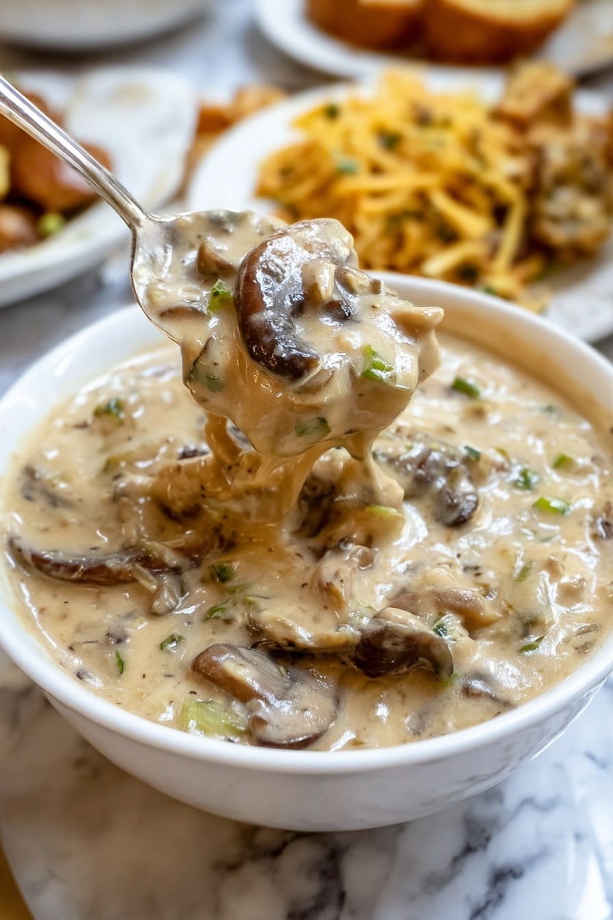 A close-up of a white bowl filled with creamy mushroom soup, showing thick layers of light beige sauce mixed with dark brown sliced mushrooms and bits of green herbs, giving the soup a textured look. A silver spoon lifts a portion from the bowl, with visible mushroom slices and creamy sauce dripping slightly. The bowl sits on a white marbled surface, with blurred plates of food in the background. photo taken with an iphone --ar 2:3 --v 7 - Creamy Mushroom Hunters Sauce, mushroom sauce, creamy mushroom sauce, mushroom recipes, easy mushroom sauce