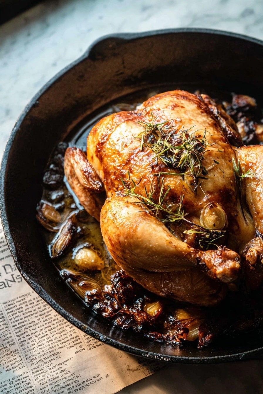 A whole roasted chicken with golden brown, crispy skin sits in the center of a black cast iron pan. The chicken's surface is shiny with oil and topped with small sprigs of herbs and pieces of roasted garlic, giving a textured look. Around the chicken in the pan, there are browned bits and pieces of caramelized garlic or herbs. The pan is placed on a white marbled surface with a piece of newspaper underneath visible at the bottom left corner. The photo is taken close-up, showing the detailed texture of the chicken and pan, with soft natural light highlighting the warm tones. Photo taken with an iphone --ar 2:3 --v 7 - Cast Iron Roast Chicken with Pan Gravy, perfect roast chicken, crispy skin chicken recipe, homemade chicken gravy, easy cast iron chicken