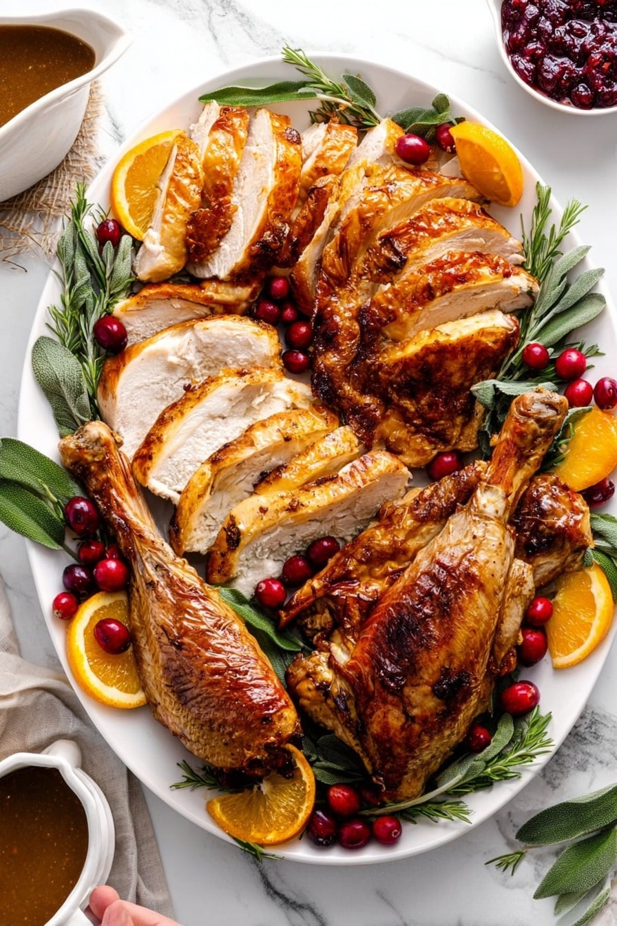 A large white oval plate holds a cooked turkey sliced into layers, with a golden-brown skin and tender white meat showing inside. There are two large turkey legs with crispy skin placed on the right side of the plate, and two turkey wings with a lighter brown color on the upper left side. Around the turkey pieces, there are bright green rosemary sprigs and sage leaves along with red cranberries scattered evenly. Orange slices are placed around the edges of the plate, adding bright color contrast. Next to the plate, there is a white bowl with brown gravy and a small white bowl filled with cranberry sauce, all set on a white marbled surface. A woman's hand is partially visible holding a piece of turkey on the lower left edge. photo taken with an iphone --ar 2:3 --v 7 - Perfect Dry Brine Turkey, dry brine turkey technique, crispy skin turkey, juicy turkey recipe, holiday turkey ideas