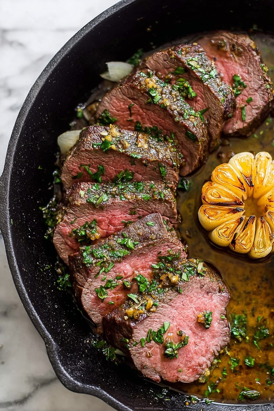 A black pan sits on a white marbled surface holding several slices of cooked beef arranged in a curved line from the left to the center, each slice showing a pink center with a brown, herb-covered outer edge, sprinkled with finely chopped parsley. To the right of the beef is a golden-yellow roasted garlic bulb with visible cloves, slightly charred on the top. The pan shows some glossy juices and herbs around the beef and garlic. Photo taken with an iphone --ar 2:3 --v 7 - Herb Crusted Beef Tenderloin with Horseradish Sauce, beef tenderloin with herb crust, elegant beef main dish, easy roast beef recipe, flavorful horseradish sauce