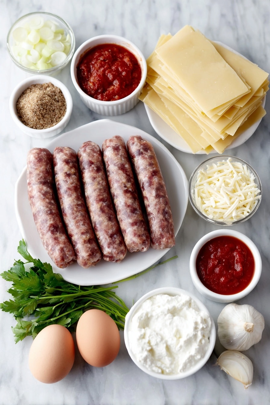 Flat lay of bulk Italian sausage links with coarse texture, raw ground beef in a small white ceramic bowl, a medium yellow onion diced into even pieces on a white plate, two fresh garlic cloves peeled and whole, two small white ceramic bowls—one holding deep red tomato paste and another with bright crushed San Marzano tomatoes, a small white bowl filled with smooth tomato sauce, a tiny white bowl with clear water, a small mound of light brown granulated brown sugar on a white plate, fresh green parsley sprigs arranged neatly, a small white bowl containing dried basil leaves, a rustic whole large egg with a clean shell, a white bowl holding creamy white ricotta cheese, a pile of grated pale yellow Parmesan cheese on a white plate, shredded white mozzarella cheese in a small white bowl, and a neat stack of nine flat, rectangular oven-ready no-boil lasagna noodles, all perfectly arranged with balance and symmetry, placed on a clean white marble surface, soft natural light, photo taken with an iPhone, professional food photography style, fresh ingredients, white ceramic bowls, no bottles, no duplicates, no utensils, no packaging --ar 2:3 --v 7 --p m7354615311229779997 - Homemade Lasagna with Italian Sausage, Italian Sausage Lasagna Recipe, Classic Italian Lasagna, Beef and Sausage Lasagna, Easy Homemade Lasagna