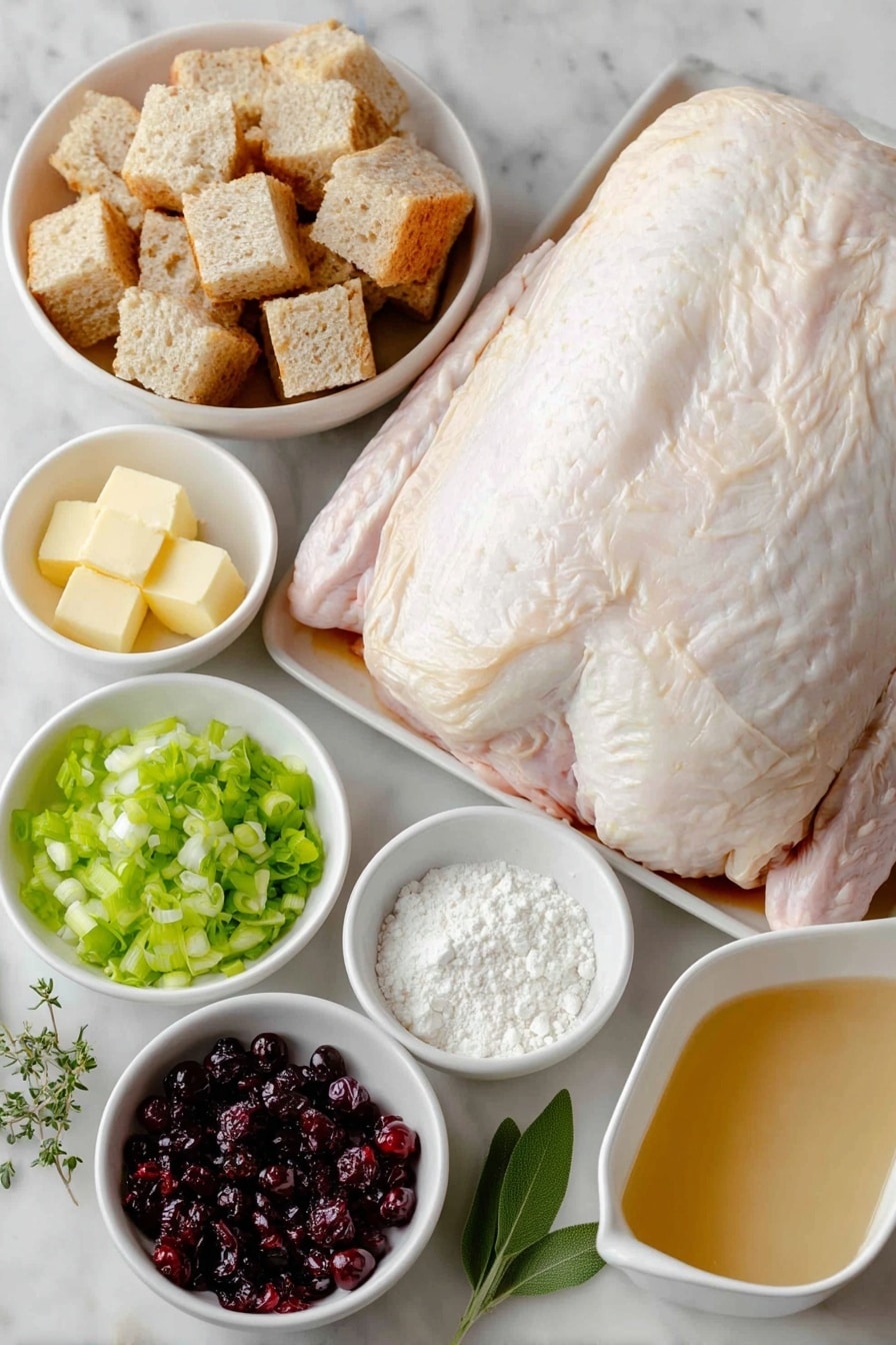 Flat lay of a large boneless turkey breast half with skin, a small mound of kosher salt crystals, a small pat of soft salted butter, a handful of whole wheat French bread cubes, a half medium onion finely minced, a large celery stalk finely minced, four fresh sage leaves, a small bunch of chopped parsley, a few dried cranberries chopped, one large whole egg with clean shell, a small white bowl of chicken broth, a small pile of all-purpose flour, fresh ground black peppercorns scattered, two fresh sage leaves, all arranged with perfect symmetry in simple white ceramic bowls and dishes placed on a clean white marble surface, soft natural light, photo taken with an iPhone, professional food photography style, fresh ingredients, white ceramic bowls, no bottles, no duplicates, no utensils, no packaging --ar 2:3 --v 7 --p m7354615311229779997 - Turkey Roulade with Cranberry Stuffing, festive turkey roulade recipe, holiday turkey breast roulade, easy turkey roulade with cranberry stuffing, show-stopping holiday centerpiece