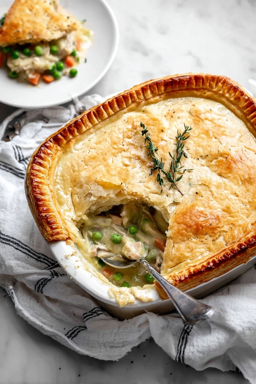 The image shows a white rectangular baking dish with a golden-brown crust on top, partially lifted to reveal a creamy vegetable filling underneath. The top crust layer is shiny with a crisscross pattern and browned edges. Below the crust is a creamy sauce filled with visible chunks of green beans, white beans, corn, cauliflower, peas, and small pieces of carrots. A vintage silver spoon rests inside the dish, scooping some of the creamy filling. A few fresh green thyme sprigs lay on the crust. The dish is placed on a white marbled surface with a white and black striped cloth partially visible. Photo taken with an iphone --ar 2:3 --v 7 - Creamy Vegetable Pot Pie, vegetarian pot pie, easy vegetable pot pie, comforting veggie dinner, healthy vegetable pie