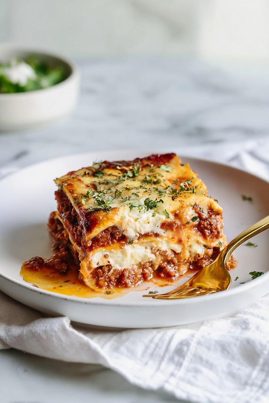 A white plate holds a square slice of lasagna with four visible layers: the top layer is melted golden cheese sprinkled with green herbs, below it is a creamy white layer, followed by a thick red meat and tomato sauce layer, and at the bottom is another creamy white layer with bits of sauce peeking through. The lasagna has a slightly browned and bubbly top with some sauce oozing onto the plate. A gold fork rests inside the plate near the lasagna, and the plate sits on a white marbled surface with a white cloth nearby. In the soft background, a white bowl with some greens is blurred. Photo taken with an iphone --ar 2:3 --v 7 - Zucchini Lasagna with Meat Sauce, healthy zucchini lasagna, low-carb zucchini lasagna, meat sauce lasagna, veggie-packed lasagna