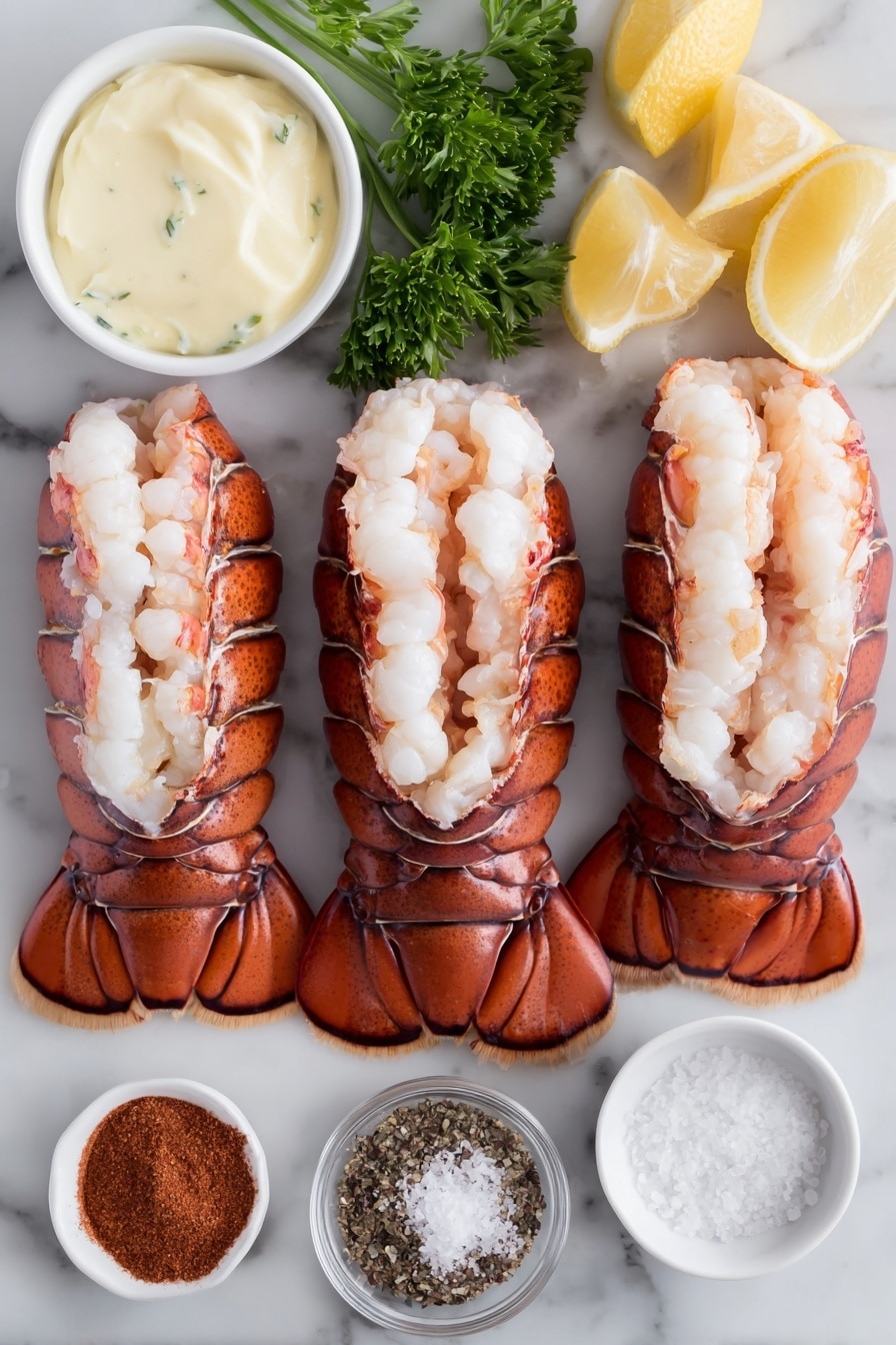 Flat lay of three whole cold lobster tails with shells intact, a small white ceramic bowl of creamy herb and garlic butter, a small white ceramic bowl of sweet paprika powder, fresh lemon wedges arranged neatly on a white ceramic plate, a small white ceramic bowl of coarse salt, a small white ceramic bowl of freshly cracked black pepper, a small white ceramic bowl of melted unsalted butter, and a few sprigs of fresh parsley, placed on a clean white marble surface, soft natural light, photo taken with an iPhone, professional food photography style, fresh ingredients, white ceramic bowls, no bottles, no duplicates, no utensils, no packaging --ar 2:3 --v 7 --p m7354615311229779997 - Broiled Lobster Tails with Herb Butter, lobster tail recipes, easy lobster tail dinner, seafood main course, luxurious seafood dishes