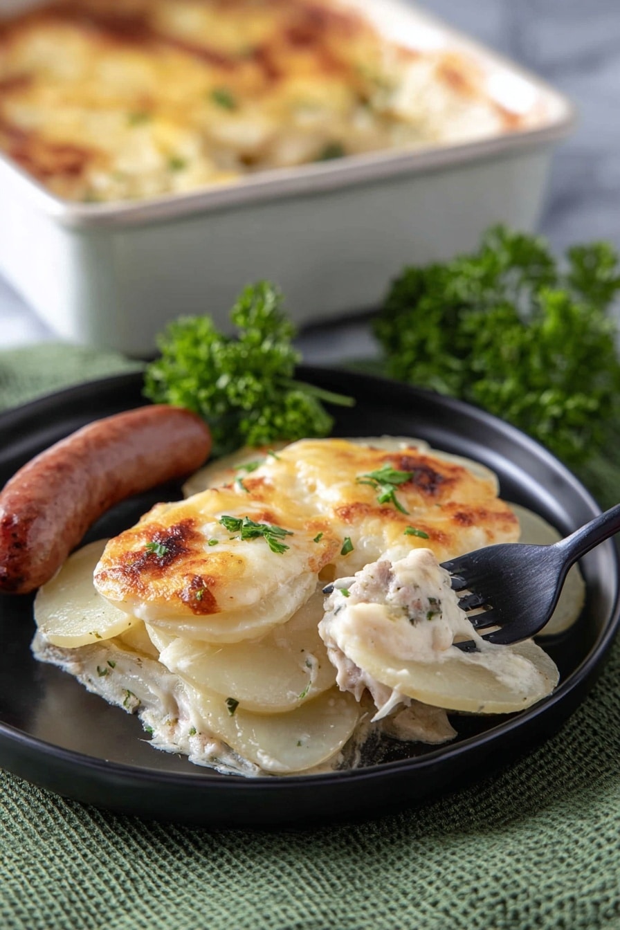 A black plate holds a dish with three main parts: on the left, there is a thick sausage with a rich brown, slightly shiny surface; in the middle and right, several layers of thin, creamy white potato slices are topped with melted golden cheese and sprinkled with small bits of green parsley. The potato layers show a soft and slightly browned texture, some slices being lifted by a dark fork held by a woman's hand. Behind the potatoes, there is a small bunch of fresh green parsley as garnish. A white marbled surface under a green textured cloth is visible beneath the plate. In the background, a white baking dish with more of the cheesy potato dish is partially visible. photo taken with an iphone --ar 2:3 --v 7 - Cheesy Turnip Gratin, turnip gratin, cheesy side dish, low-carb turnip recipe, baked turnip casserole