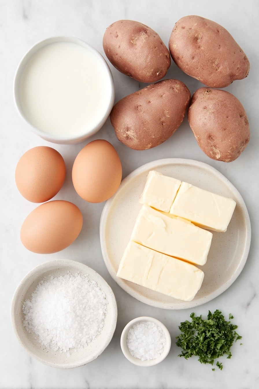Flat lay of peeled russet potatoes whole and halved, a few whole uncracked brown eggs with clean shells, a small white ceramic bowl of hot whole milk, a simple white ceramic plate with softened unsalted butter sticks at room temperature, a small white ceramic bowl of coarse sea salt, a few fresh green sprigs of parsley finely chopped placed beside the ingredients, all arranged in perfect symmetry and realistic proportions on a clean white marble surface, soft natural light, photo taken with an iPhone, professional food photography style, fresh ingredients, white ceramic bowls, no bottles, no duplicates, no utensils, no packaging --ar 2:3 --v 7 --p m7354615311229779997 - Creamy Mashed Potatoes with Butter and Herbs, mashed potato side dish, easy mashed potatoes recipe, buttery herb mashed potatoes, comfort food side recipes