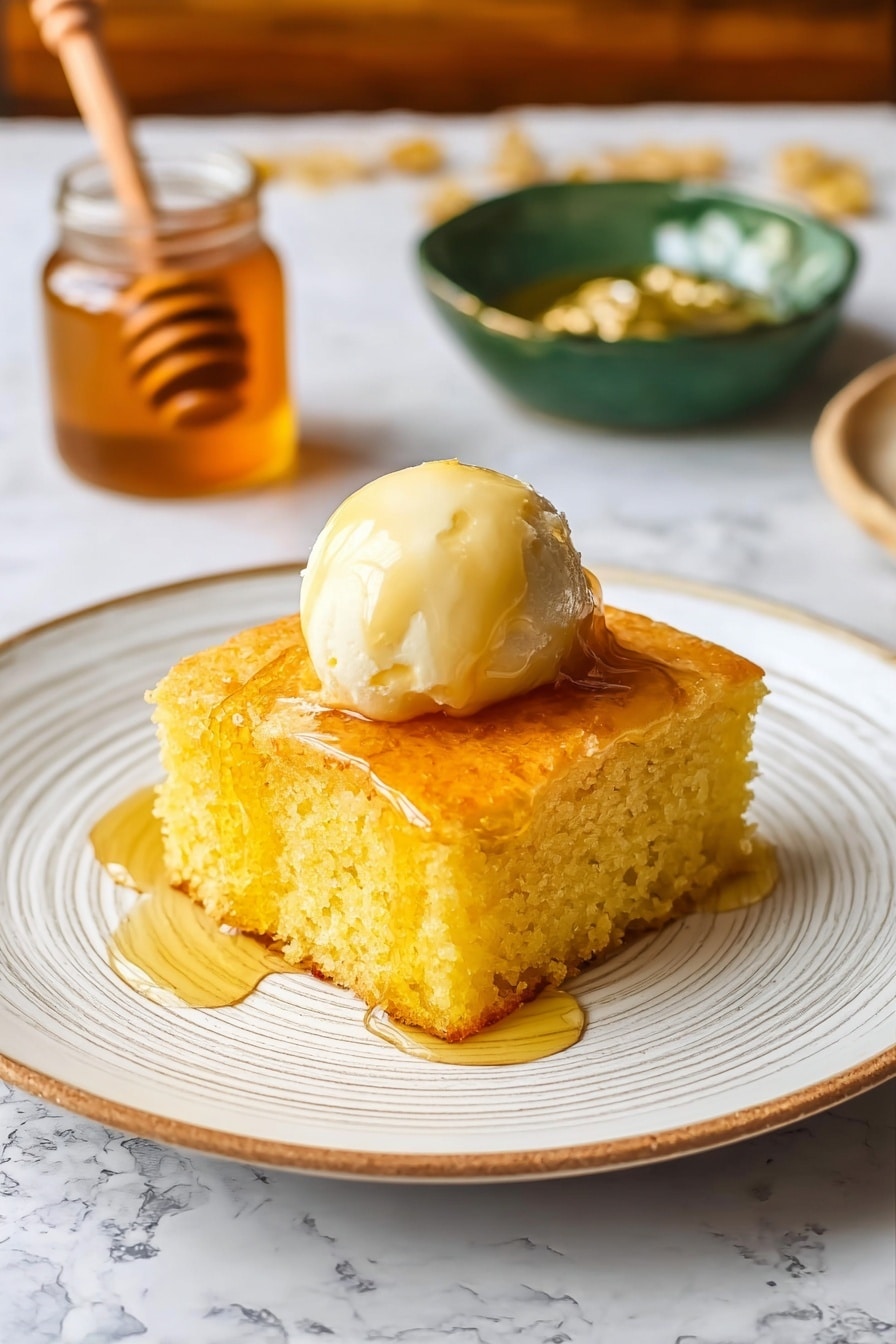 A single square piece of yellow cake with a soft, sponge-like texture sits in the center of a white plate with subtle circular lines. On top of the cake is a smooth, round scoop of pale butter melting slightly, with golden syrup drizzled over the entire piece and pooling gently on the plate. In the background, a small jar of honey with a golden lid and a green bowl filled with more syrup are visible, all set on a white marbled textured surface. Photo taken with an iphone --ar 2:3 --v 7 - Moist Cornbread with Honey and Butter, moist cornbread recipe, sweet cornbread, buttery cornbread, Southern style cornbread
