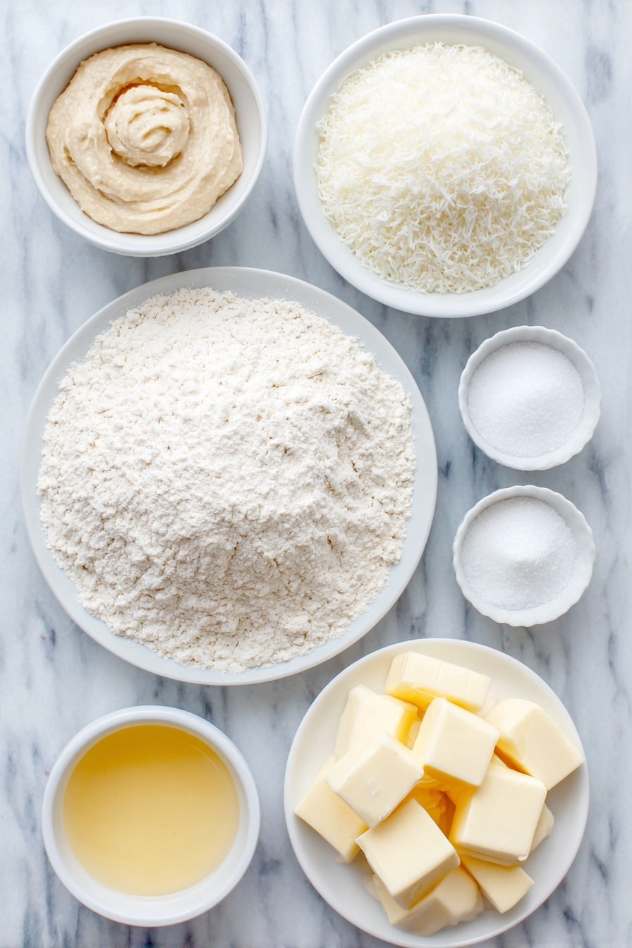 Flat lay of fresh all-purpose flour gently mounded on a simple white ceramic plate, a small white bowl with a thick pale beige active yeast paste, a few spoonfuls of white sugar on a small white bowl, a few sprinklings of coarse kosher salt scattered beside a small white bowl with white baking powder, another small white bowl holding fine white baking soda, cold butter cut into neat 1/2-inch chunks arranged on a white ceramic plate, cold shortening chunks on a separate white plate, a small white bowl filled with creamy buttermilk, and a small white bowl with golden melted butter, all placed on a clean white marble surface, soft natural light, photo taken with an iPhone, professional food photography style, fresh ingredients, white ceramic bowls, no bottles, no duplicates, no utensils, no packaging --ar 2:3 --v 7 --p m7354615311229779997 - Fluffy Angel Biscuits with Buttermilk and Yeast, flaky homemade biscuits, how to make airy buttermilk biscuits, tender yeast biscuits recipe, light and fluffy biscuit ideas