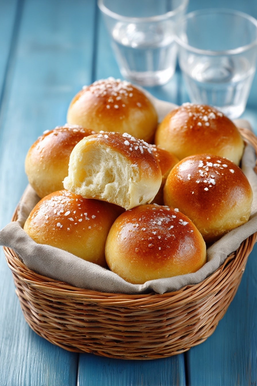 The image shows a wicker basket lined with a light brown cloth, filled with eight soft, golden brown dinner rolls. Each roll has a shiny, slightly browned top sprinkled with coarse salt, highlighting their freshly baked texture. One roll is partially torn, revealing a light, fluffy inside. The basket sits on a blue wooden surface with two white glasses filled with water visible in the background. photo taken with an iphone --ar 2:3 --v 7 - Sweet Potato Dinner Rolls, sweet potato rolls recipe, fluffy dinner rolls with sweet potatoes, homemade sweet potato rolls, soft bread rolls with sweet potatoes