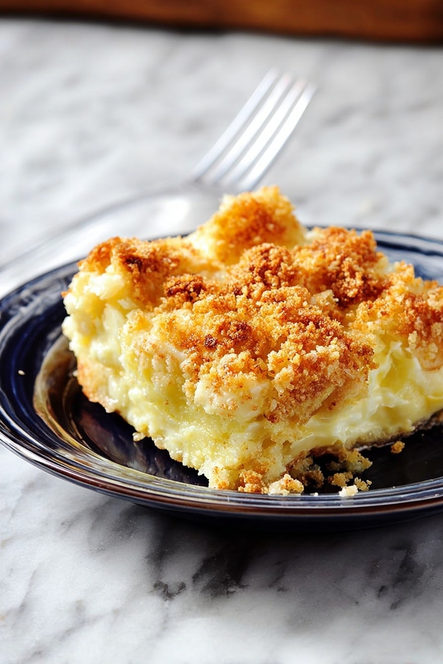 A piece of golden brown baked dish with a crumbly top layer sits on a white plate; the top layer looks crunchy and uneven with small crumbs scattered, beneath that is a creamy, pale yellow layer that appears soft and smooth, with a few chunks visible. The plate is on a white marbled surface, and there is a clear plastic fork resting behind the dish, slightly angled. The photo taken with an iphone --ar 2:3 --v 7 - Cheesy Yellow Squash Casserole, cheesy squash casserole, yellow squash side dish, cheesy vegetable casserole, easy squash casserole
