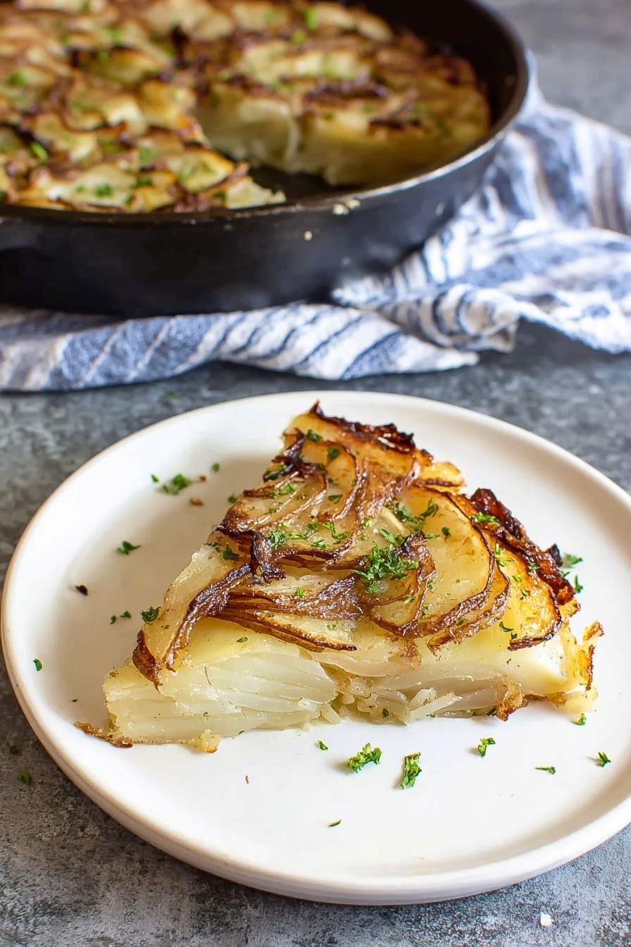 A single triangular slice of potato and onion tart sits centered on a white plate, showing thin layers of golden to light brown crisped potato slices with some darker, slightly curled edges on top, mixed with translucent cooked onion strands beneath. The tart’s base layer looks soft and lightly browned, while small pieces of green parsley are scattered over the top and plate for color contrast. In the background, a dark pan containing the remaining tart and a blue-striped cloth napkin rest on a grey stone surface, replaced with a white marbled texture. photo taken with an iphone --ar 2:3 --v 7 - Garlic Herb Potato Galette, savory potato galette, crispy potato side dish, easy potato tart, herb-infused potato bake