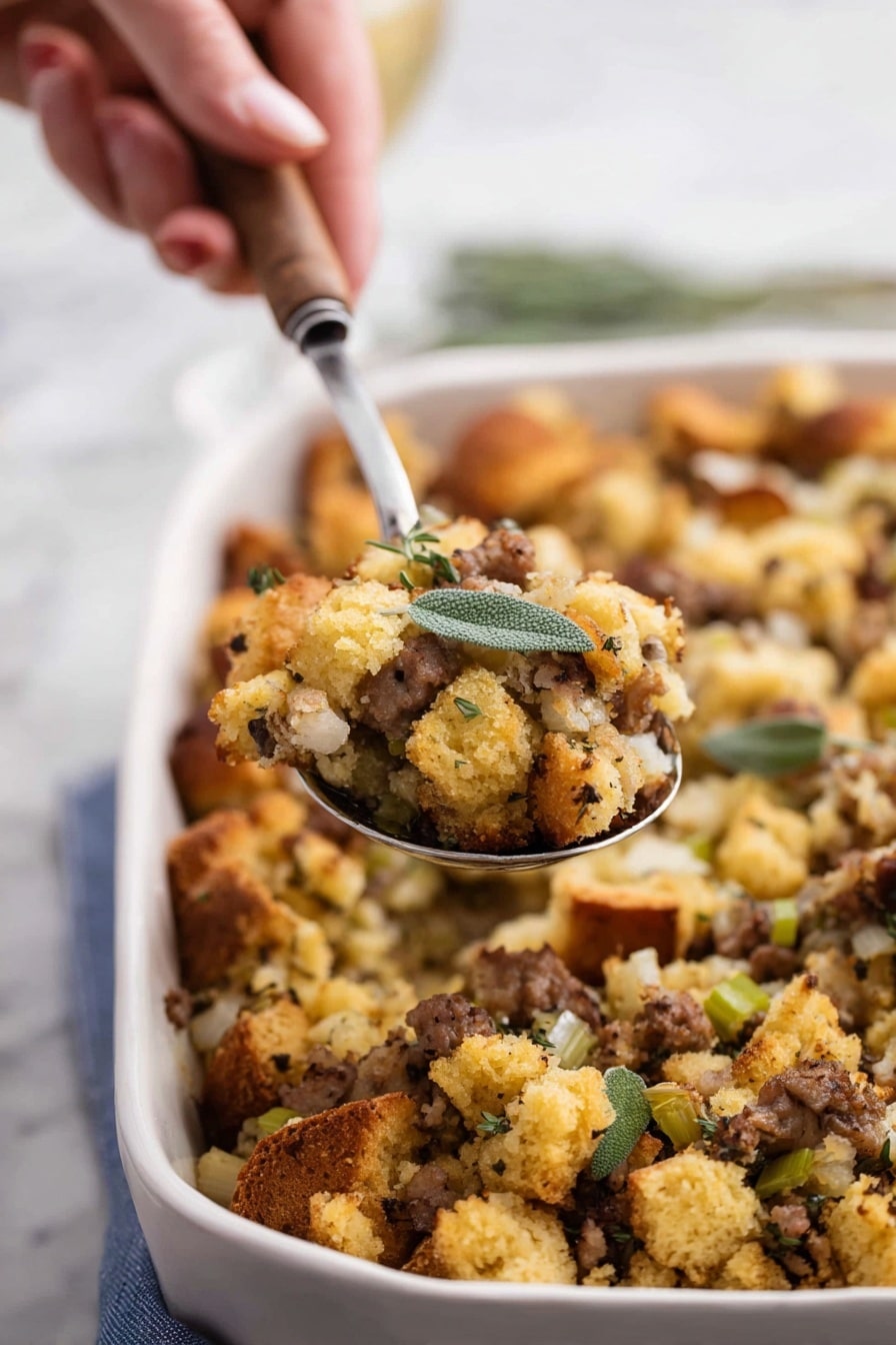 A white dish filled with three main layers of baked stuffing. The bottom layer is a mix of small, soft bread cubes with bits of cooked sausage and herbs, showing a golden-brown toasted color with some darker brown spots. The middle layer is a chunky mix of tender celery pieces and cooked onions that add a light green and creamy white contrast to the dish. The top layer is a thick, crumbly layer of golden cornbread cubes with a light crust on some pieces, sprinkled with small green herb leaves and whole fresh sage leaves for decoration. A woman's hand holds a metal spoon with a wooden handle, lifting a scoop of the stuffing showing all the layers together. The background is a blurred white marbled texture with soft lighting. Photo taken with an iphone --ar 2:3 --v 7 - Sausage and Chestnut Stuffing, Christmas stuffing recipes, savory holiday stuffing, browned bread stuffing, roasted chestnut stuffing
