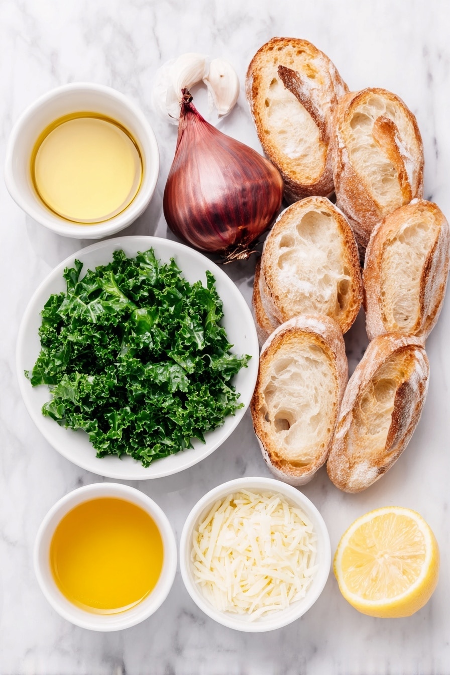 Flat lay of a small white bowl of golden olive oil, a small white bowl of clear white wine vinegar, a small white bowl with fresh lemon juice, a small white bowl with fresh orange juice, one whole uncracked shallot with smooth purple-tinged skin, a small white bowl of fine salt, six slices of fresh crusty French bread baguette, a small white bowl with melted golden butter, a small white bowl filled with grated pale yellow Parmesan cheese, and a generous pile of finely chopped fresh dark green kale leaves arranged neatly, all placed on a clean white marble surface, soft natural light, photo taken with an iPhone, professional food photography style, fresh ingredients, white ceramic bowls, no bottles, no duplicates, no utensils, no packaging --ar 2:3 --v 7 --p m7354615311229779997 - Toasted Bread Parmesan Kale Salad, healthy kale salad with crunchy breadcrumbs, easy kale salad recipes, flavorful vegetable salads, quick vegetable salads