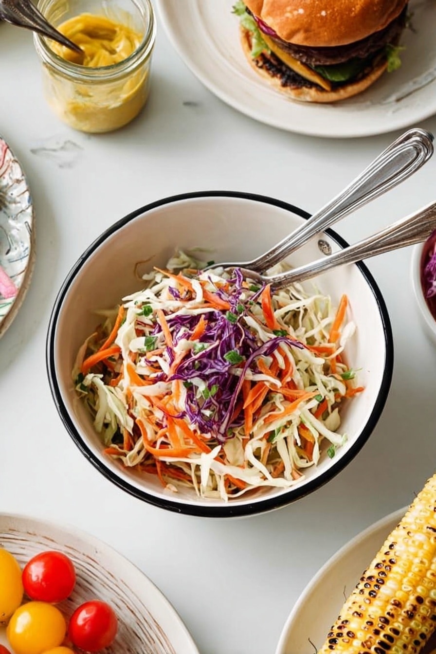The dish is a bowl of shredded coleslaw with three layers: the bottom layer is shredded white cabbage, the middle layer is thin orange carrot strips, and the top layer is thin purple cabbage strands mixed lightly with green herbs. The coleslaw is served in a white bowl with a black rim, with two silver forks resting in the bowl. The bowl is placed on a white marbled table, surrounded by a white plate with a burger, a small glass jar of mustard with a spoon, and a white plate with grilled corn on the cob. There are also some red and yellow cherry tomatoes nearby. Photo taken with an iphone --ar 2:3 --v 7 - Southern Collard Greens, Collard Greens Recipe, Southern Greens, Soul-Warming Collard Greens, Easy Collard Greens
