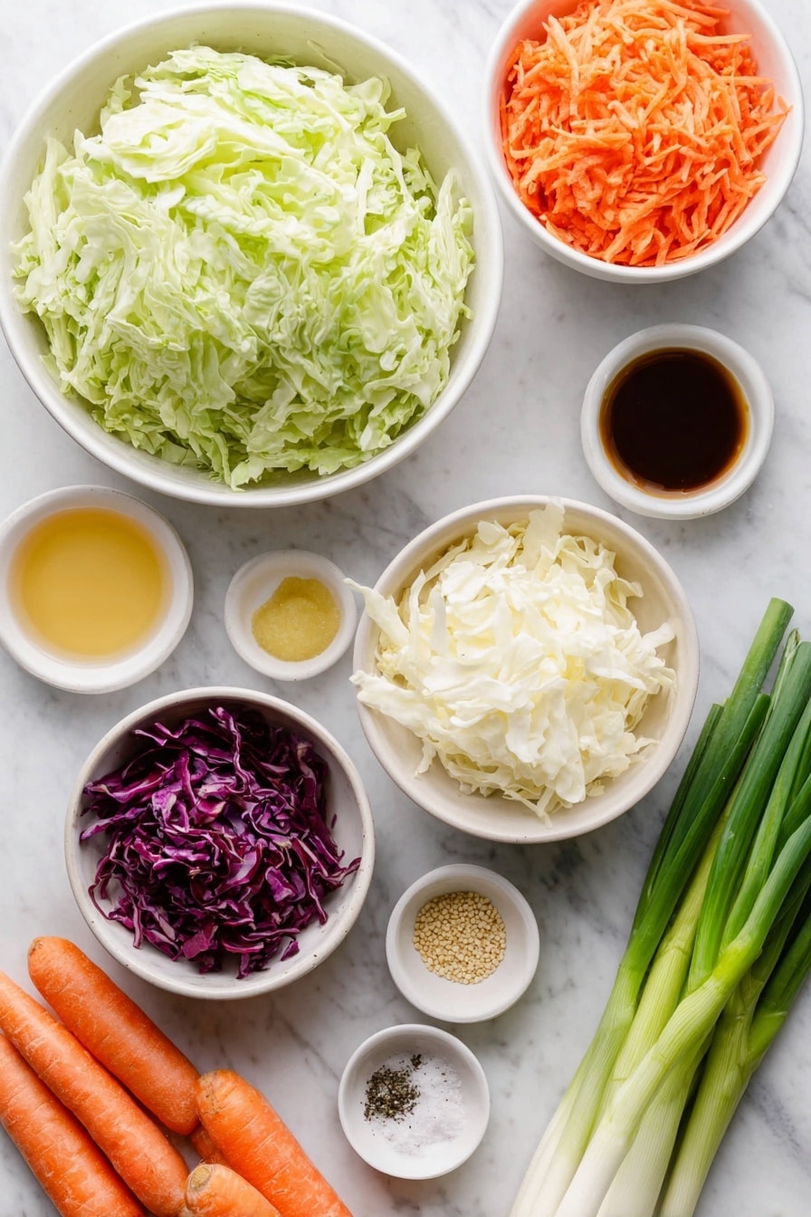 Flat lay of a large white ceramic bowl filled with shredded fresh green cabbage, next to a similar bowl with shredded vibrant red cabbage, a small white bowl with creamy mayonnaise, a small white bowl of golden apple cider vinegar, another small white bowl holding smooth golden maple syrup, a small white bowl containing bright yellow Dijon mustard, a small white bowl with tiny tan celery seeds, a small white bowl of coarse sea salt crystals, a small white bowl filled with freshly ground black pepper, a couple of fresh whole medium orange carrots with thin peels laid beside the bowls, and three bright green scallions with white bulbs and leafy tops, all arranged in perfect symmetry, placed on a clean white marble surface, soft natural light, photo taken with an iPhone, professional food photography style, fresh ingredients, white ceramic bowls, no bottles, no duplicates, no utensils, no packaging --ar 2:3 --v 7 --p m7354615311229779997 - Creamy Cabbage Coleslaw, cabbage coleslaw side dish, easy coleslaw recipe, healthy coleslaw salad, flavorful cabbage slaw
