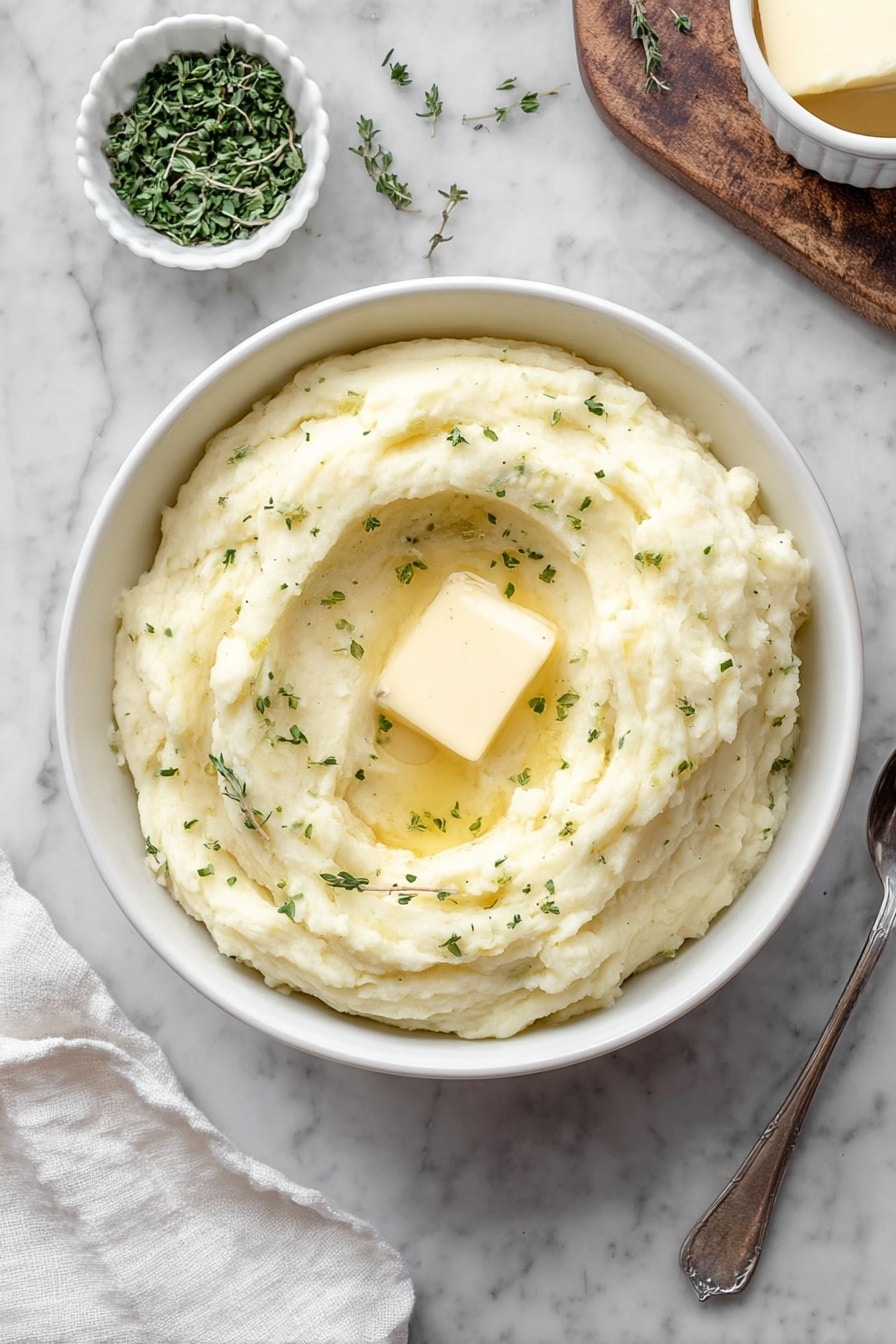 A white bowl filled with creamy mashed potatoes, smooth and lightly textured, with a melting square of butter resting in the center. There are small green herb bits sprinkled evenly over the top. The bowl is on a white marbled surface with a small white bowl containing chopped herbs slightly above and to the left, and part of a wooden board with butter in a white ramekin to the upper right. A silver spoon lies near the bottom right, and a white cloth is casually placed near the bottom left. Photo taken with an iphone --ar 2:3 --v 7 - Southern Collard Greens, Southern Collard Greens Recipe, easy Southern greens, smoky collard greens, soul food side dishes