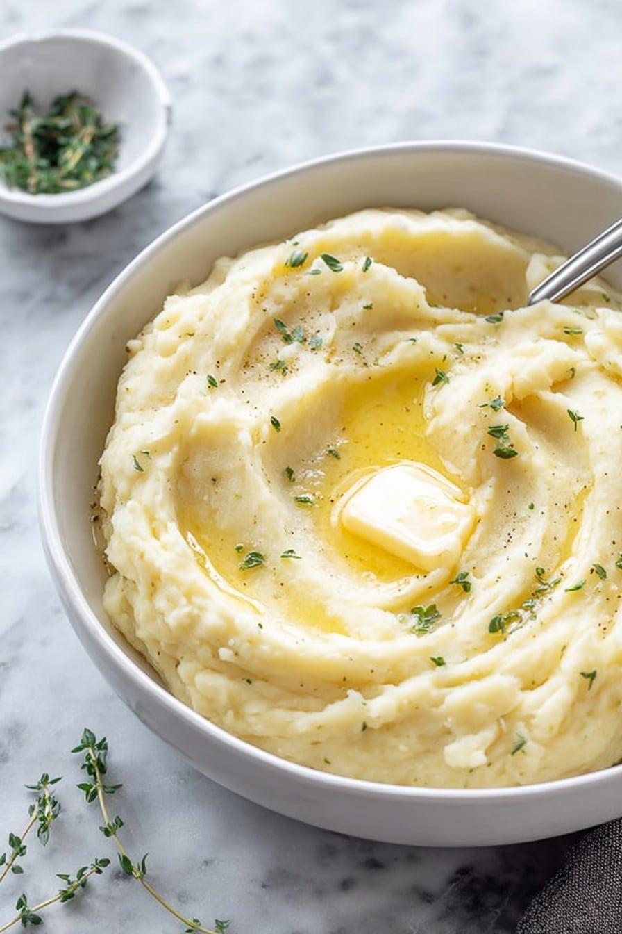 A white bowl filled with smooth mashed potatoes, swirled to create soft waves on the top layer, with a melting pat of pale yellow butter sitting in the center. Small green herb leaves are scattered over the surface, adding texture and color contrast to the creamy light beige potatoes. The bowl rests on a white marbled surface, and a silver spoon sticks into the mashed potatoes at the bowl's edge, slightly hidden. In the background, a small white bowl with green herbs is blurred out. Photo taken with an iphone --ar 2:3 --v 7 - Southern Collard Greens, Southern Collard Greens Recipe, easy Southern greens, smoky collard greens, soul food side dishes