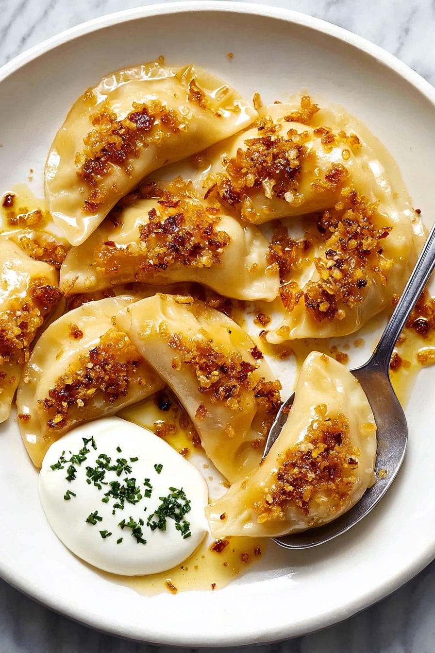 A white plate holds seven crescent-shaped dumplings with a shiny, golden-brown coating of small fried onion bits scattered evenly over them. The dumplings are arranged in a loose circle, with one being lifted by a silver spoon on the right side. In the lower-left section of the plate, a dollop of smooth white sour cream is topped with finely chopped green herbs. The dumplings have a soft, slightly wrinkled texture with a light, warm color. The background is a white marbled surface. Photo taken with an iphone --ar 2:3 --v 7 - Cheesy Potato Pierogi Ruskies, Polish dumplings with cheese and potatoes, homemade pierogi filling recipes, traditional Polish pierogi, easy pierogi ideas