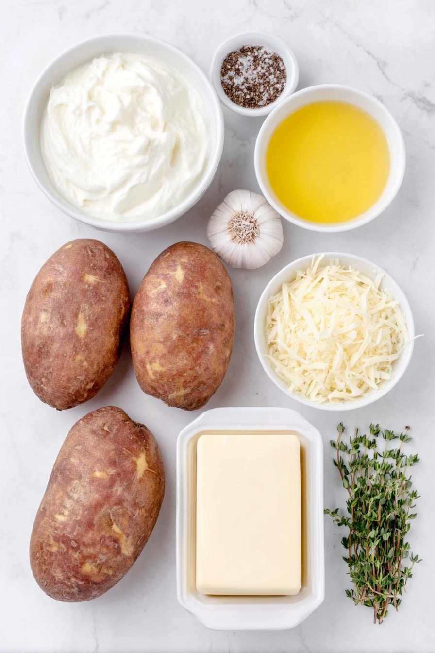 Flat lay of peeled russet potatoes sliced thinly arranged next to two whole uncracked brown garlic cloves, a small white ceramic bowl filled with full-fat cream, a small white ceramic bowl with melted golden butter, a small white ceramic bowl holding fresh green thyme leaves, a small white ceramic bowl with finely grated pale yellow gruyere cheese, a small white ceramic bowl containing fine white salt, and another small white ceramic bowl with freshly ground black pepper, all perfectly symmetrical and balanced, placed on a clean white marble surface, soft natural light, photo taken with an iPhone, professional food photography style, fresh ingredients, white ceramic bowls, no bottles, no duplicates, no utensils, no packaging --ar 2:3 --v 7 --p m7354615311229779997 - Creamy Potatoes au Gratin, potatoes au gratin, cheesy potato side dish, potato casserole recipes, indulgent comfort food