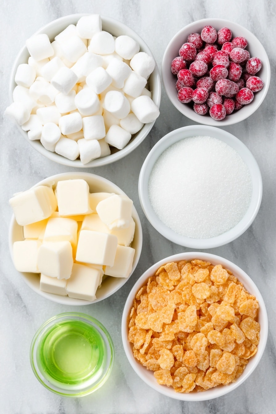 Flat lay of a small white ceramic bowl of salted butter cubes, a small white ceramic bowl filled with white mini marshmallows, a small white ceramic bowl with clear vanilla extract, a small white ceramic bowl containing vibrant green liquid food coloring, a neat pile of golden cornflakes, and a cluster of shiny red cinnamon imperials (red hots) candies, all arranged in perfect symmetry, placed on a clean white marble surface, soft natural light, photo taken with an iPhone, professional food photography style, fresh ingredients, white ceramic bowls, no bottles, no duplicates, no utensils, no packaging --ar 2:3 --v 7 --p m7354615311229779997 - Easy Cornflake Wreaths, Christmas snack ideas, holiday treats for kids, festive no-bake desserts, quick Christmas cookies