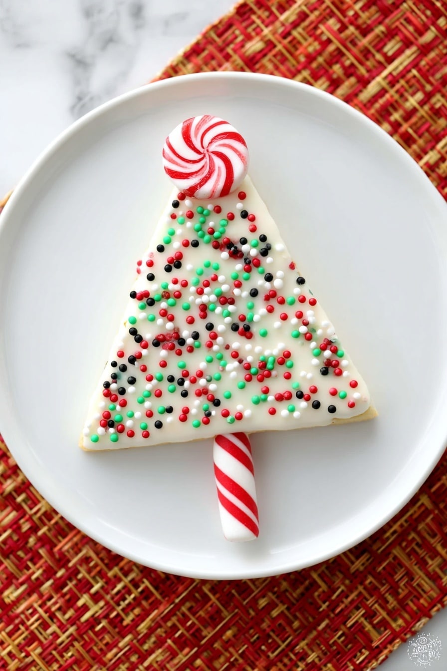 The image shows five triangular slices of a two-layer dessert arranged on a wooden board. Each slice has a thick beige base layer topped with a thick white cream layer covered in small red, green, and white round and stick sprinkles. A red and white striped candy stick is inserted horizontally into the wide end of each triangle, with a round peppermint candy attached to the tip of each candy stick on the left side. The background is a white marbled surface partially covered by a red, orange, and yellow woven cloth. photo taken with an iphone --ar 2:3 --v 7 - Holiday Christmas Sheet Cake With Candy Cane Trees, festive holiday cake, Christmas dessert ideas, peppermint sheet cake, holiday party treats