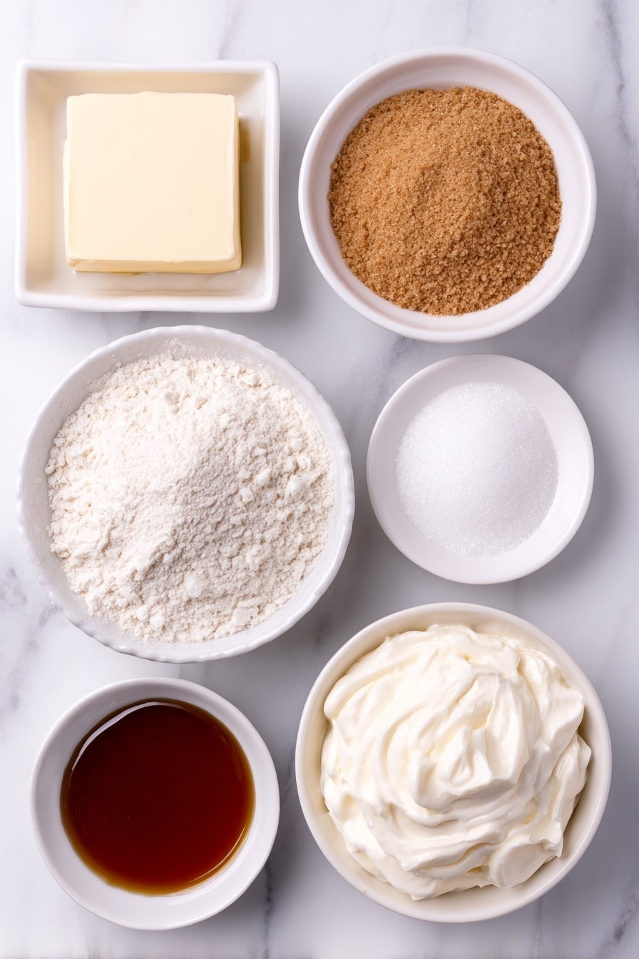 Flat lay of a small square of unsalted butter, a small white ceramic bowl filled with tightly packed light brown sugar, a small white ceramic bowl with thick golden syrup, a small white ceramic bowl holding all-purpose flour, a small white ceramic bowl containing ground ginger powder, a small white ceramic bowl of cold heavy whipping cream, a small white ceramic bowl with granulated sugar, and a small white ceramic bowl with clear brandy, all arranged in perfect symmetry on a clean white marble surface, soft natural light, photo taken with an iPhone, professional food photography style, fresh ingredients, white ceramic bowls, no bottles, no duplicates, no utensils, no packaging --ar 2:3 --v 7 --p m7354615311229779997 - British Brandy Snap Cookies, Brandy Snap Cookies Recipe, Crispy British Cookies, Holiday Brandy Snap Cookies, British Cookie Recipes