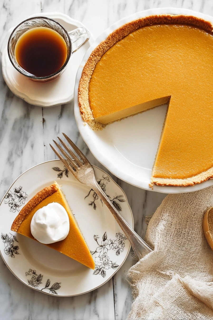 A round pumpkin pie with two visible layers is shown, with a smooth, orange top filling layer and a light brown crust at the bottom. One slice is missing from the pie, and the slice is placed on a white plate with floral decoration around the edge. The slice on the plate shows the same orange filling layer and crust. On top of the slice is a dollop of white whipped cream. Next to the slice, there is a silver fork resting on the plate. A glass cup of brown coffee and a beige cloth napkin sit nearby on a white marbled surface. photo taken with an iphone --ar 2:3 --v 7 - Maple Cheesecake, maple cheesecake recipe, autumn dessert recipes, rich cheesecake with maple, easy maple cheesecake