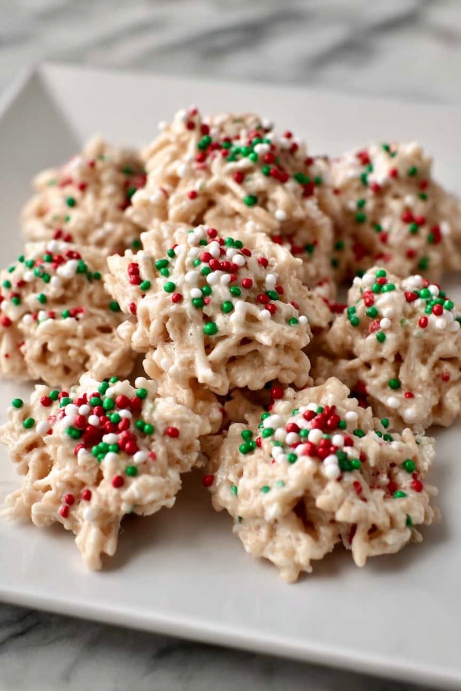 The image shows a white square plate holding about ten small clusters of a light beige mixture made from thin sticks coated in a creamy white substance. Each cluster is topped with small red and green sprinkles scattered unevenly on the surface, adding a festive touch. The clusters are arranged loosely in a group on a white marbled surface. The texture of the clusters looks slightly rough and sticky with visible strands sticking out. Photo taken with an iphone --ar 2:3 --v 7 - Holiday White Chocolate Haystack Cookies, White Chocolate Haystack Cookies, Easy Holiday Cookies, Festive White Chocolate Snacks, No-Bake Holiday Treats