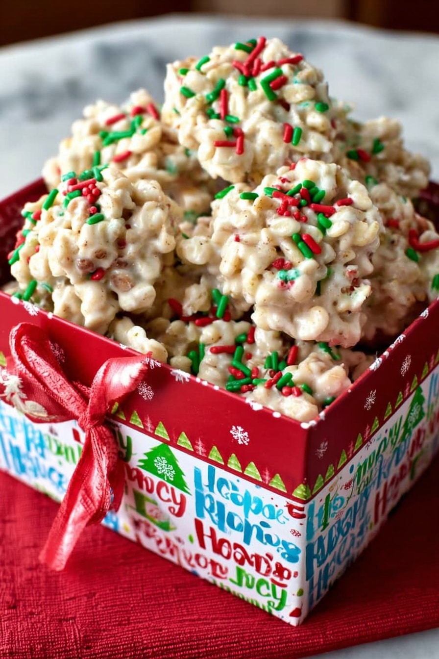 The image shows a colorful box filled with clusters of creamy white candy made from a mix of oats or cereal pieces. Each cluster is topped with small red and green round and rod-shaped sprinkles scattered unevenly all over. The box has bright holiday words and symbols in red, green, blue, and other colors on a white background, with a red ribbon on one side. The box sits on a white marbled surface over a red cloth. Photo taken with an iphone --ar 2:3 --v 7 - Holiday White Chocolate Haystack Cookies, White Chocolate Haystack Cookies, Easy Holiday Cookies, Festive White Chocolate Snacks, No-Bake Holiday Treats