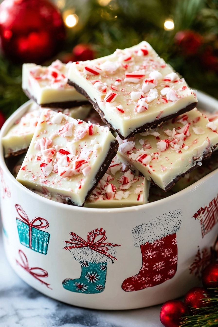 The image shows a baking tray filled with a single large layer of white chocolate bark broken into irregular triangles. The bark is topped with a thick, smooth layer of crushed red and white candy canes, creating a textured and colorful topping that covers the entire surface. The tray is placed on a white marbled surface, and some pieces of candy cane are scattered around the edges. The bark's white chocolate layer looks creamy and glossy under soft lighting. photo taken with an iphone --ar 2:3 --v 7 - Easy Peppermint Bark, festive peppermint bark, holiday peppermint bark, chocolate peppermint bark, quick peppermint bark