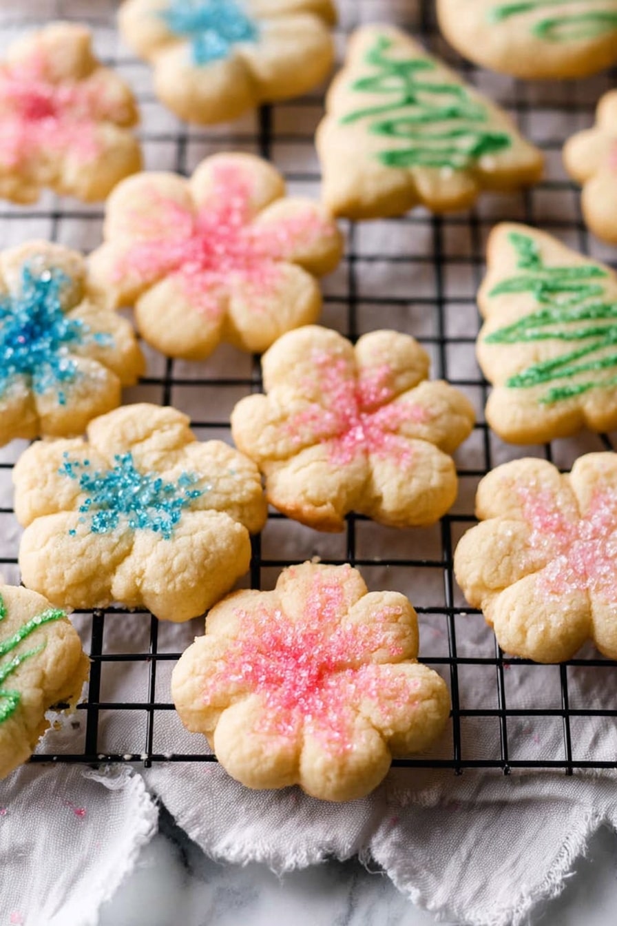 On a black wire cooling rack placed over a white marbled surface with a white cloth beneath, there are various small cookies shaped like flowers and Christmas trees. The cookies are light golden in color with a soft texture, each decorated with colored sugar sprinkles. The flower-shaped cookies have pink or blue sugar sprinkles concentrated in the center, while the Christmas tree-shaped cookies have green or blue sugar stripes across them. The cookies are arranged randomly, some overlapping slightly, giving a cozy, fresh-baked look. photo taken with an iphone --ar 2:3 --v 7 - Butter Spritz Cookies, Classic Butter Spritz Cookies, Spritz Cookie Recipe, Butter Cookie Shapes, Christmas Spritz Cookies