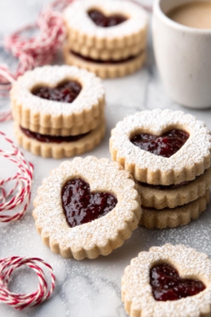 The image shows several round cookies with scalloped edges on a white marbled surface. Each cookie has two layers: a bottom layer of light golden-brown cookie dough and a top layer with a heart-shaped cutout in the center, revealing a dark red jam filling. Some of the cookies are stacked in pairs, while others are placed individually. The cookies are lightly dusted with powdered sugar, giving them a soft white texture on top. A white cup with a light beverage sits in the background, and there are pieces of red and white twine casually draped around the scene. photo taken with an iphone --ar 2:3 --v 7 - Easy Raspberry Linzer Cookies, raspberry linzer cookies, how to make linzer cookies, holiday cookie recipes, buttery jam cookies