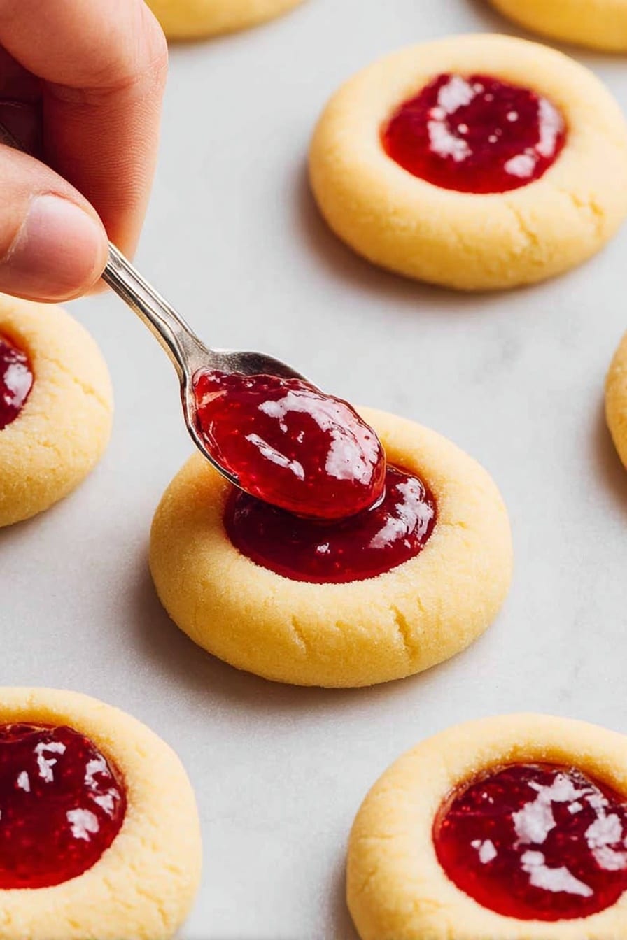 A stack of light golden round thumbprint cookies filled with shiny red jam sits on crumpled white paper over a white marbled surface. One cookie at the top is broken in half, showing its soft, crumbly inside with jam in the middle. Several cookies lie flat around the stack, also filled with bright jam in the center. Soft pink and white flowers with green leaves are placed around the cookies in the background, adding a fresh and delicate touch. Photo taken with an iphone --ar 2:3 --v 7 - Jam Drop Cookies with Strawberry Filling, strawberry jam cookies, thumbprint cookies with jam, baked jam-filled cookies, classic strawberry thumbprint cookies