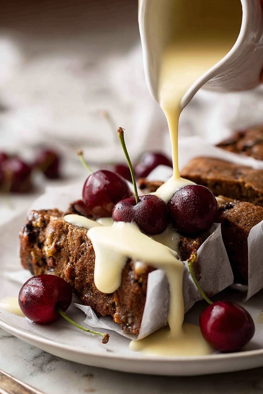 A white plate holds a dark brown cake with a rough texture, sliced into pieces and wrapped in white paper secured with small pins. The cake is topped with several shiny, deep red cherries with green stems. A creamy pale yellow sauce is being poured over the cake from a white pitcher, covering parts of the cake and dripping onto the plate. The white marbled surface beneath contrasts softly with the rich colors of the cake and cherries. Woman's hand is holding the pitcher. Photo taken with an iphone --ar 2:3 --v 7 - Easy Moist Christmas Fruit Cake, Christmas fruit cake, moist holiday cake, simple Christmas cake recipe, no soak Christmas cake