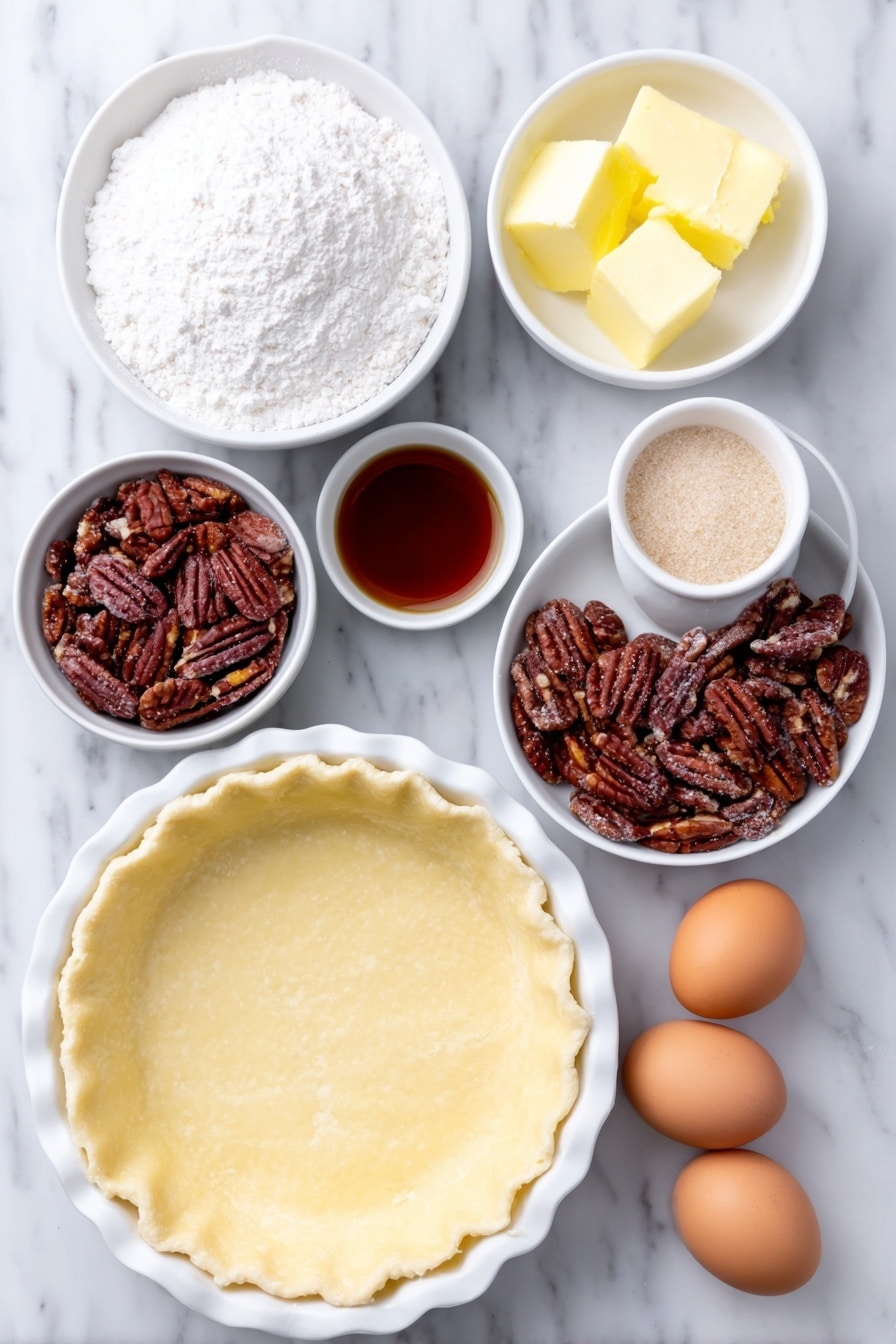 Flat lay of a round unbaked homemade pie crust in a simple white ceramic pie dish, a small white bowl of granulated sugar, a small white bowl of light brown sugar, a small white bowl of light corn syrup, a small white bowl of softened salted butter, three whole uncracked brown eggs, a small white bowl of pecan halves scattered around the layout, all arranged with perfect symmetry and balanced proportions, placed on a clean white marble surface, soft natural light, photo taken with an iPhone, professional food photography style, fresh ingredients, white ceramic bowls, no bottles, no duplicates, no utensils, no packaging --ar 2:3 --v 7 --p m7354615311229779997 - Best-Ever Pecan Pie, pecan pie recipe, easy pecan pie, homemade pecan pie, classic pecan pie