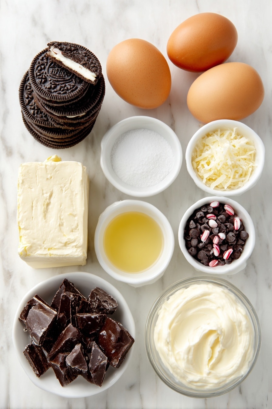Flat lay of a small stack of whole Oreo cookies, a few broken pieces revealing the cream center, two large whole brown eggs with clean shells, a small mound of finely chopped white chocolate bars, a rectangular block of brick-style cream cheese with a slice removed, a small white ceramic bowl of granulated sugar, a small white bowl holding pale golden melted unsalted butter, a small white bowl of smooth sour cream, a tiny white bowl containing mini dark chocolate chips, a small white bowl filled with crushed red-and-white candy canes, a few rough chunks of chopped dark semisweet chocolate, a small white bowl of thick heavy cream, all arranged with perfect symmetry in balanced proportions, placed on a clean white marble surface, soft natural light, photo taken with an iPhone, professional food photography style, fresh ingredients, white ceramic bowls, no bottles, no duplicates, no utensils, no packaging --ar 2:3 --v 7 --p m7354615311229779997 - Peppermint Bark Cheesecake, peppermint bark cheesecake, holiday peppermint cheesecake, festive peppermint dessert, creamy peppermint cheesecake
