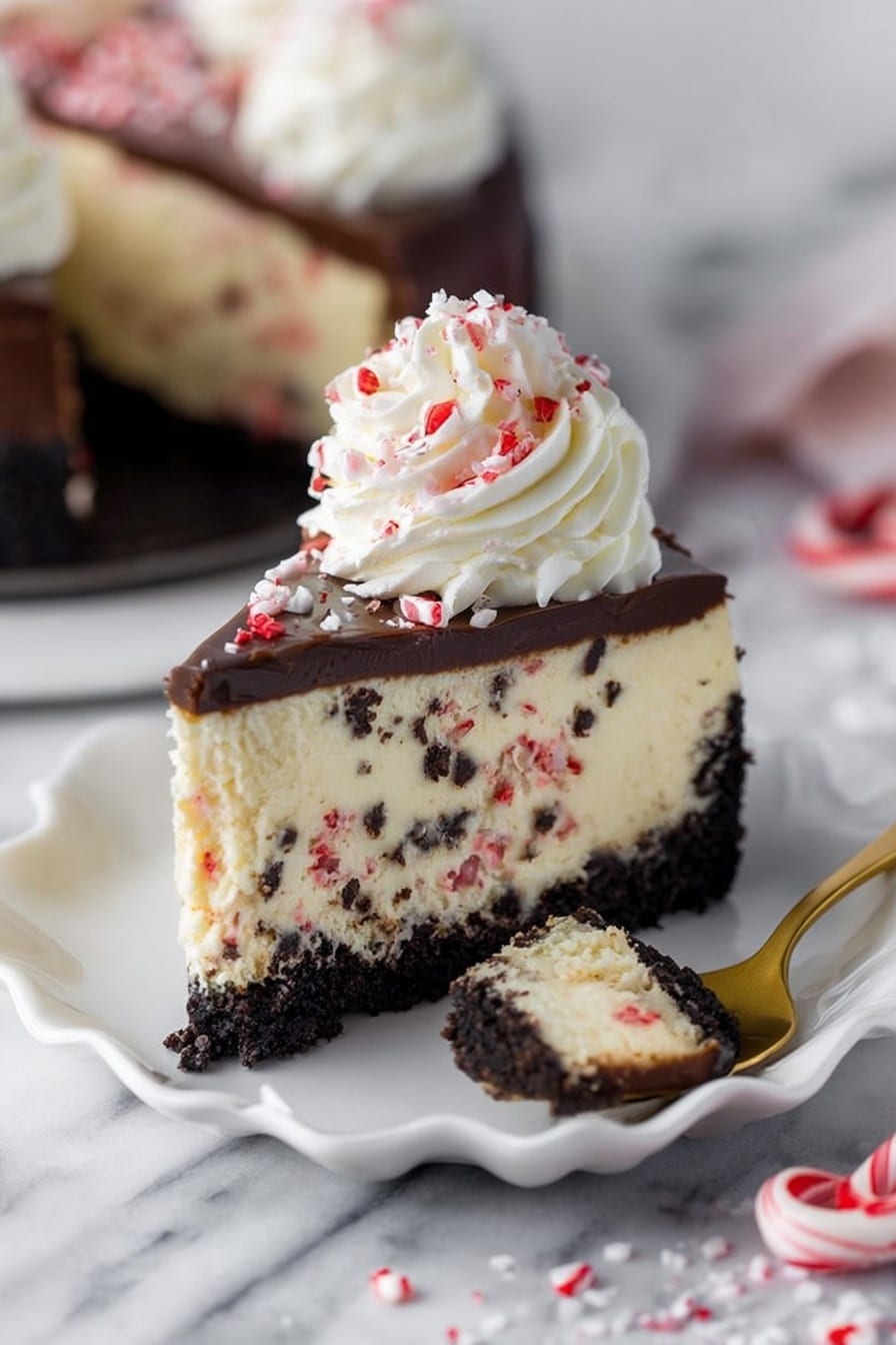 The image shows a slice of layered cheesecake on a white plate with a wavy edge. The bottom layer is a dark crumbly crust, above which is a thick creamy layer with small chocolate chips and bits of red candy evenly mixed inside. On top of this creamy layer is a smooth, dark chocolate ganache layer. The cheesecake slice is decorated with a swirl of white whipped cream that has small red and white candy pieces sprinkled on it. Next to the plate, there is a golden spoon with a small piece of cheesecake and chocolate. The background is a white marbled surface with some crushed red and white candy scattered lightly around. Photo taken with an iphone --ar 2:3 --v 7 - Peppermint Bark Cheesecake, peppermint bark cheesecake, holiday peppermint cheesecake, festive peppermint dessert, creamy peppermint cheesecake
